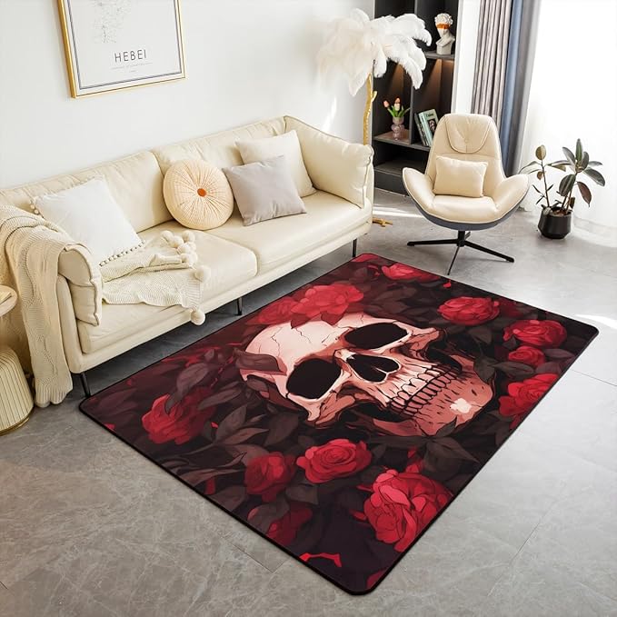 Erosebridal Sugar Skull Area Rug for Kids Boys Girls,Red Rose Carpet 3x5,Watercolor Floral Skeleton Printed Indoor Floor Mat Non Slip,Romantic Rose Skull Decorative Rug for Home Decorative