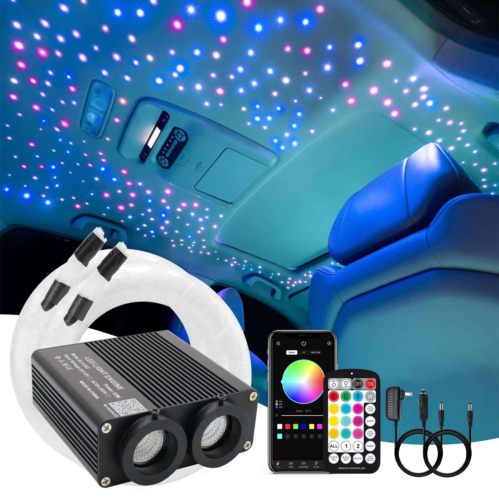 AMKI Dual Color Dual Ports Fiber Optic Light, Starlight Kit for Car Roof Home Ceiling, RGBW LED Engine with APP + RF Remote Control + Optical Fiber Cables (1200pcs*0.03in*16.4ft)