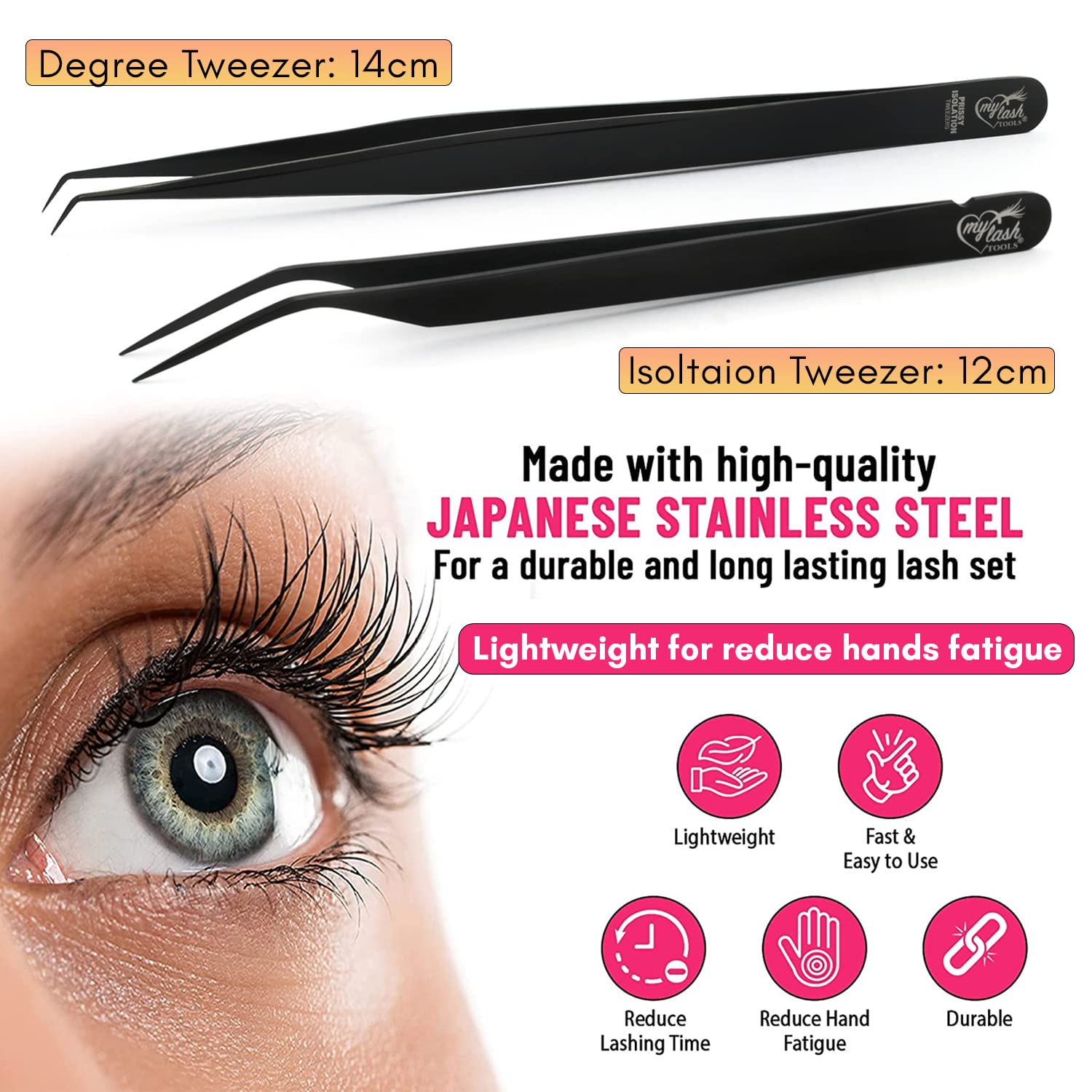 My Lash Tools - Pinzette isolanti per ciglia finte, ideali per isolamento individuale e ciglia classiche, in acciaio inox giapponese, leggere, di precisione, colore nero