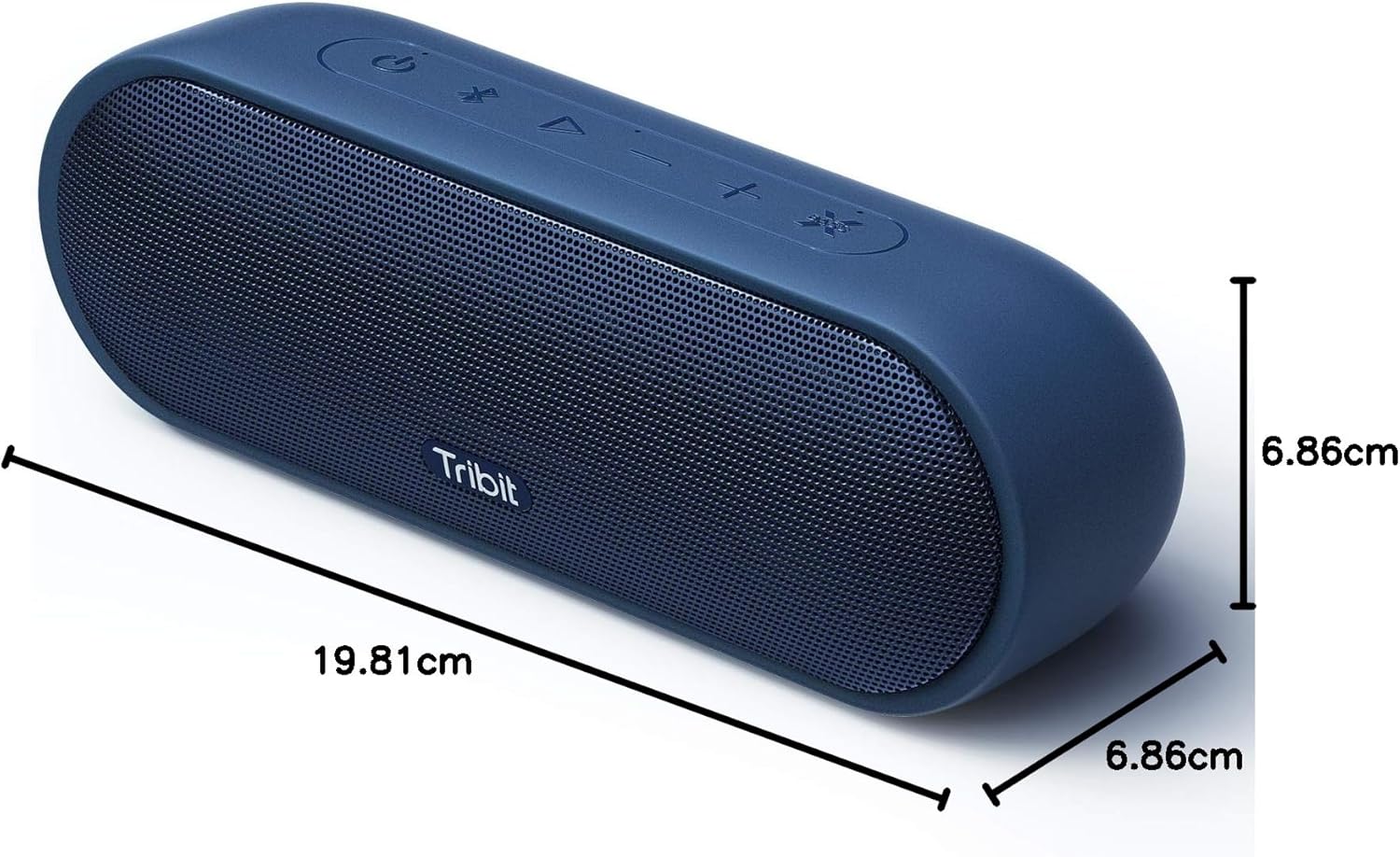 Side view of the Tribit MaxSound Plus speaker showing the charging port, auxiliary input, and lanyard attachment point.