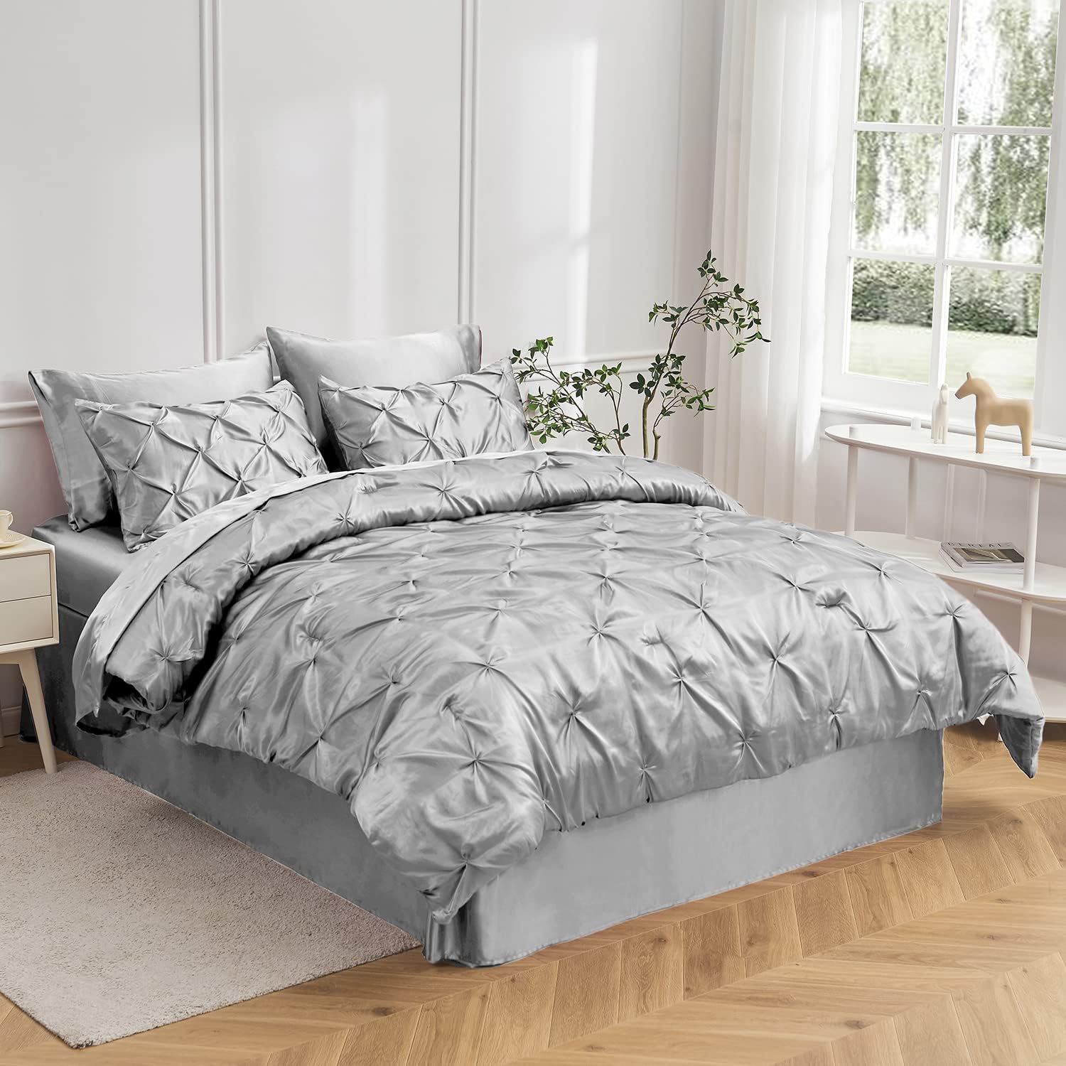 Premium Super Silky King/Cal King (94"x104")- 3 Piece Luxury Satin Pinch Pleated Comforter 500 GSM All Season Pintuck Silky Satin Silver Solid