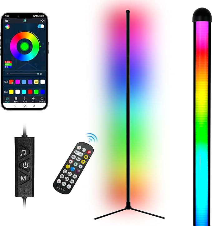 BAYSQUIRREL RGB Corner Floor Lamp with 16 Million DIY Colors,61.41" RGB Color Changing Mood Light,Button/APP/Remote Control,Music Sync LED Dimmable Modes,Modern Floor Lamp for Living room Bedroom Dinning room