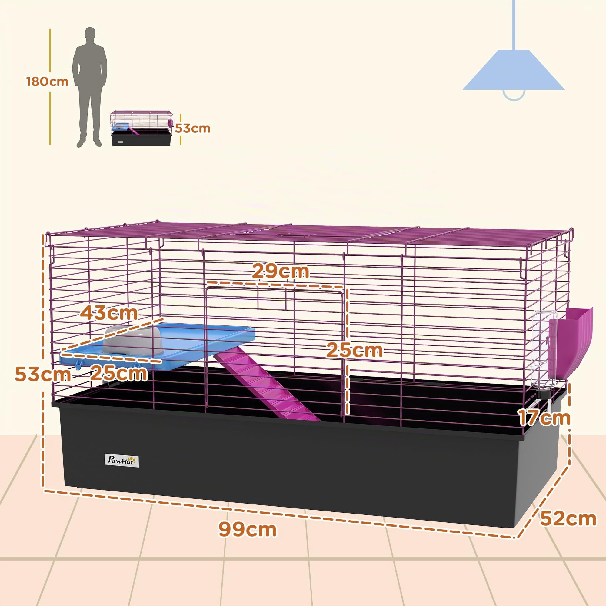 PawHut Jaula para Conejillos de Indias para Chinchillas, Jaula para Animales pequeños con rampa, Plato, Botella de Agua, 99 x 52 x 53 cm, Color Negro | Jaula para animales pequeños, plato, botella de agua
