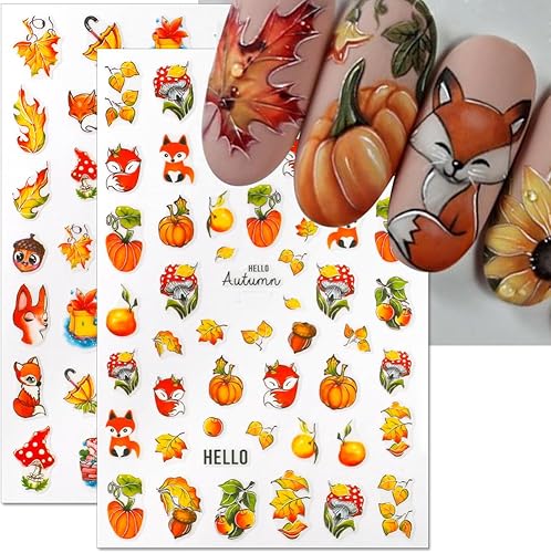 Miniatura 4 de Calcomanías de uñas de otoño 3D para mujer, hojas de arce de otoño, calcomanías de uñas para arte de uñas, dibujos animados, zorro, calabaza,
