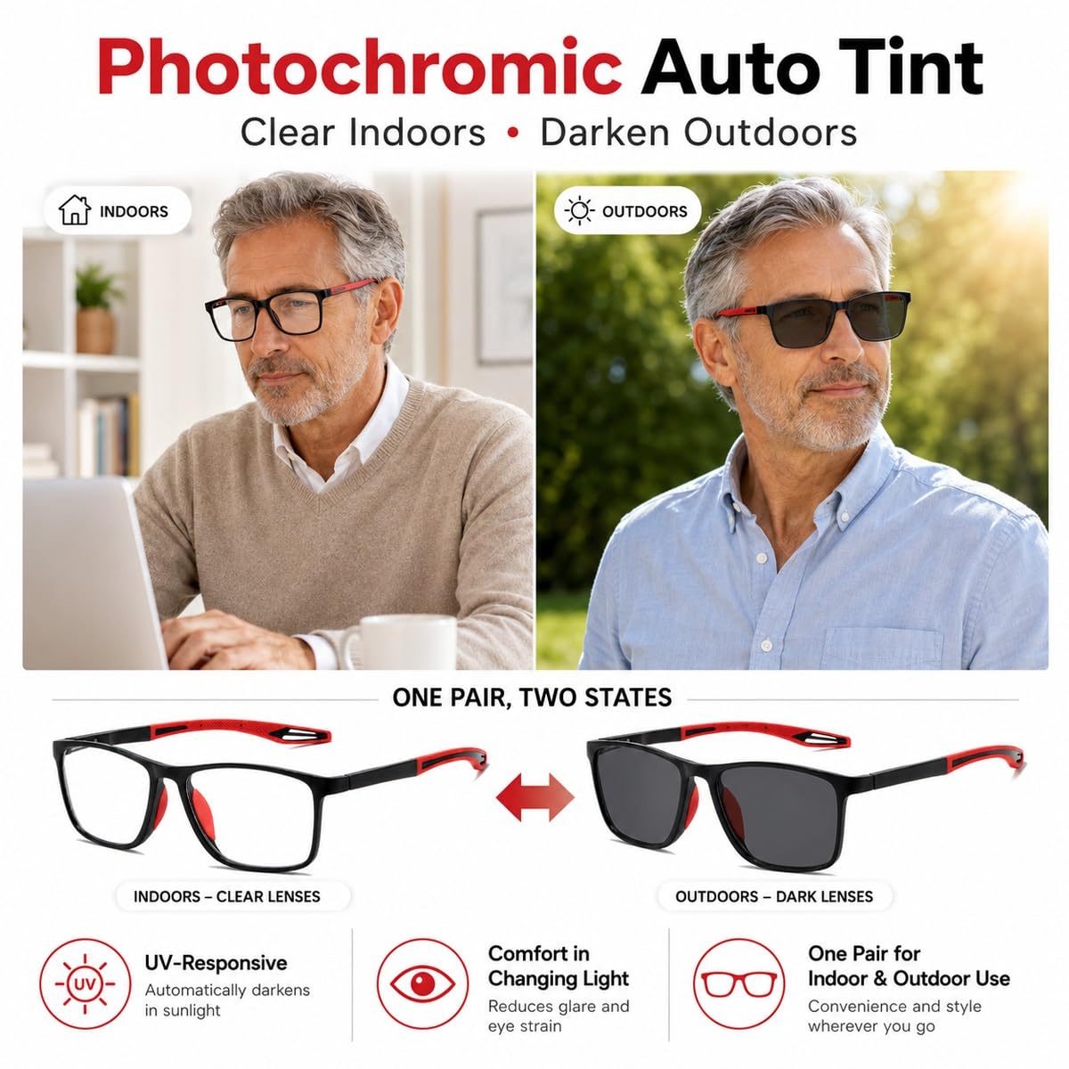 Generisch 3er-Pack Gleitsichtbrille Damen Herren Selbsttönend, Progressive Multifokus Lesebrille, Blaulichtfilter, TR90 Sport Rahmen