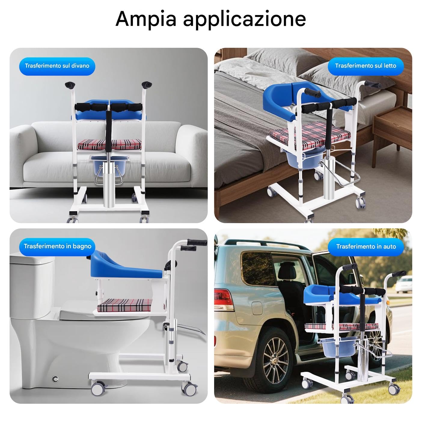 Elevador de pacientes hidráulico, silla de traslado, silla de ducha, asiento de inodoro, apertura de 180°, altura regulable, carga de 90 kg, con orinal, ruedas con frenos, para personas mayores, azul