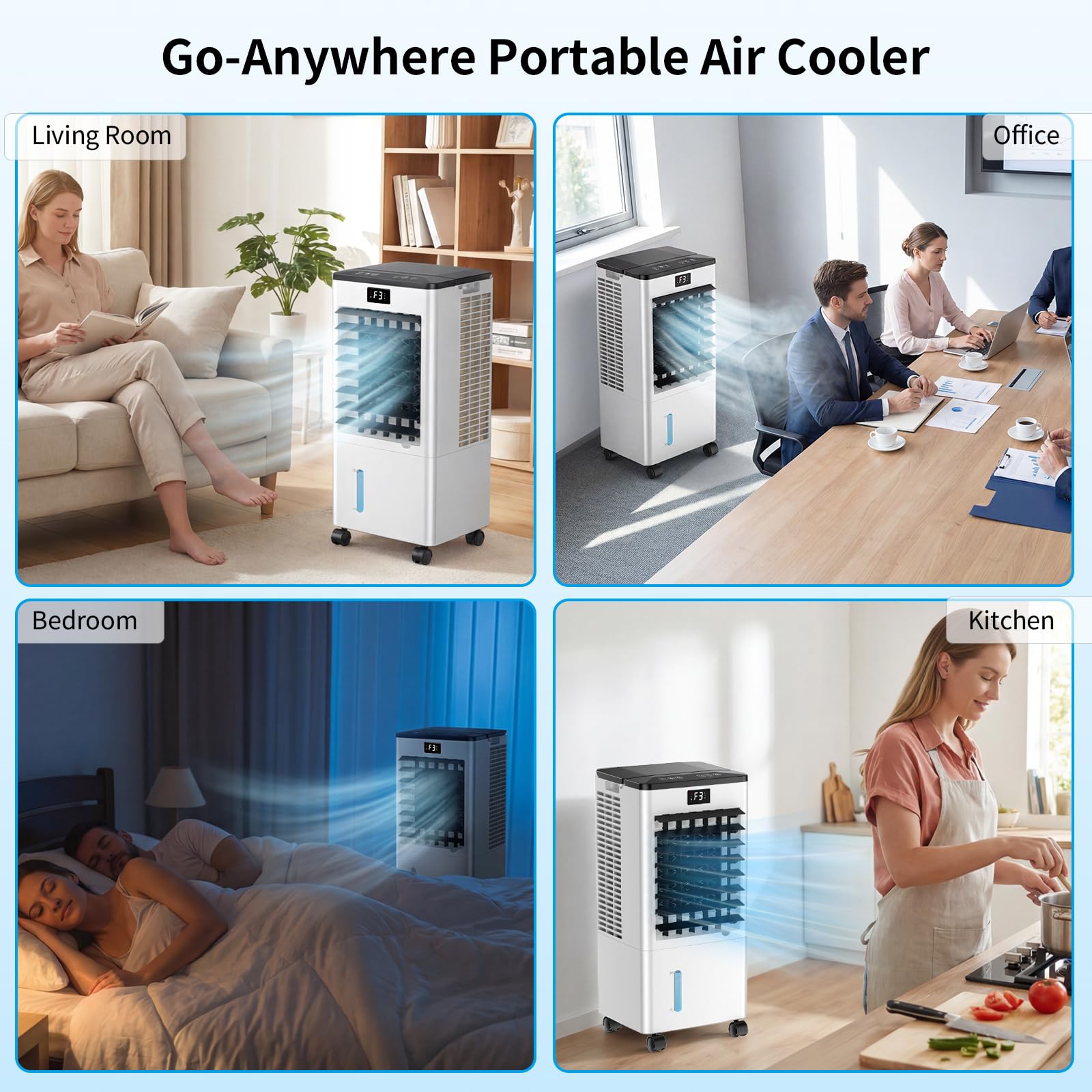 Climatiseur Mobile, 3 Modes & 3 Vitesse, Minuteur 12H, 4 Boîtes des Glacières, Grand Réservoir d'Eau, Fonction d'Oscillation, 60W Refroidisseur d'Air Évaporation avec Écran pour Chambre Bureau