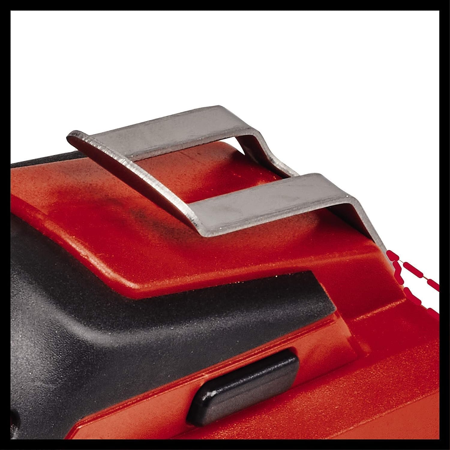 Close-up of the belt clip on the Einhell cordless electric pruning shears.