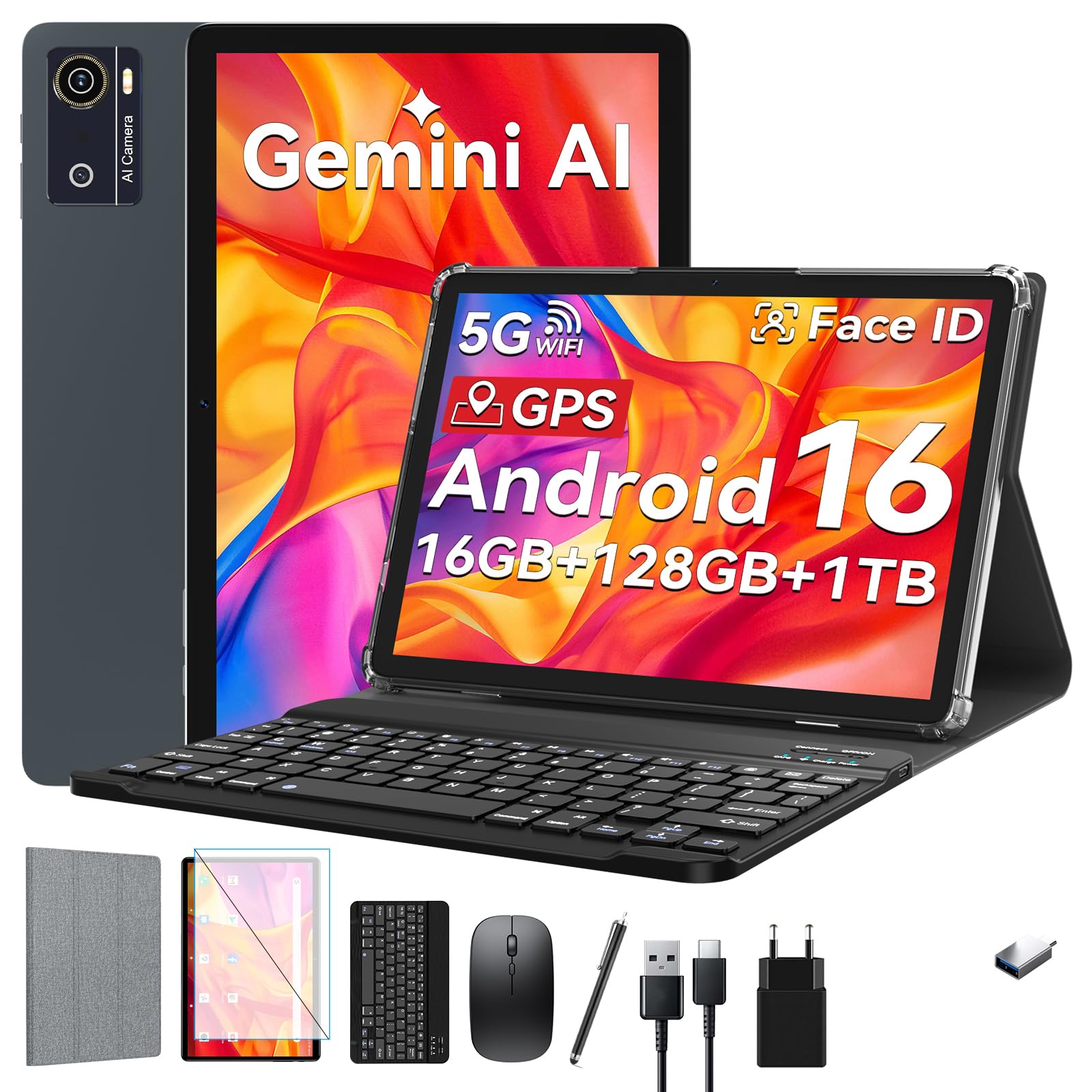 KADYBE Tablet 10 Zoll Android 16 Tablets mit 16GB +128GB 9-In-1 Komplettset mit Tastatur Maus Stift Hülle Gesichtsentsperrung 13MP Kamera 7000mAh GPS WiFi 5 Bluetooth 5 Tablet für Homeoffice