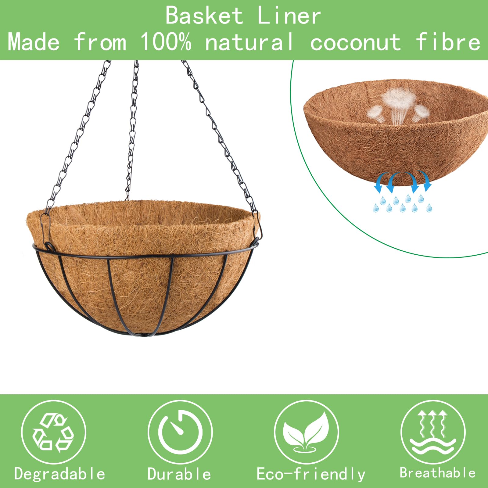 Lot de 4 pots de fleurs ronds à suspendre en métal avec doublure en fibre de coco de 30,5 cm avec chaîne noire de 50,5 cm, pot de fleurs pour intérieur et extérieur, jardin, porche, balcon, terrasse