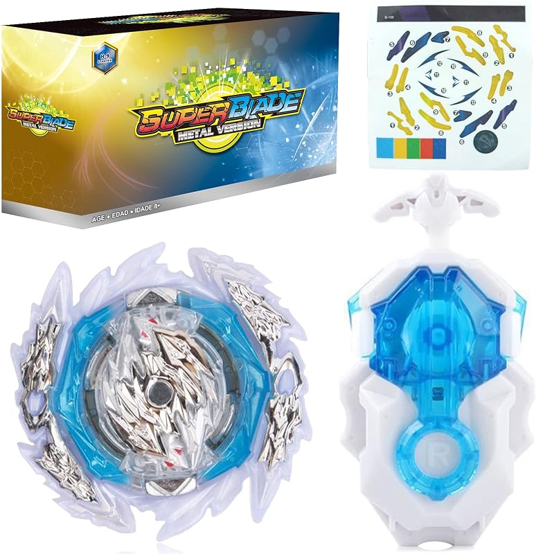 Bey Battling Top Blade Battle Set, B-189 Guilty Longinus Kr MDS-2 Spinning Top Starter Set with Launchers, Toy Gift for Boys Kids Children Ages 6+ White-Blue