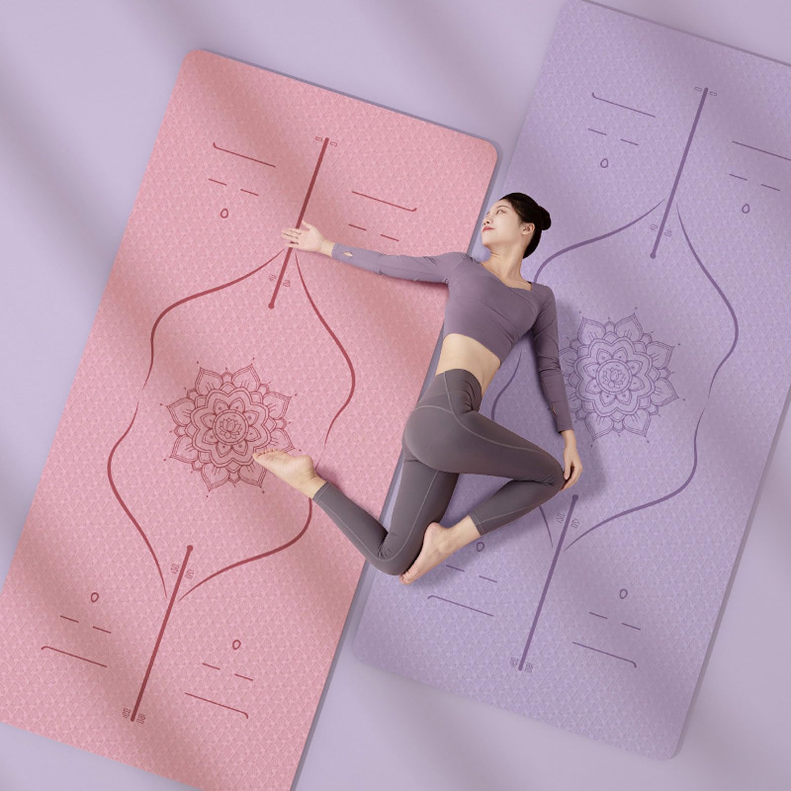 Tappetino da yoga con linee di allineamento, tappetini di fitness con pilates non slittati di yoga, con imbracatura e carrello da trasporto, tappetino per esercitazioni extra spesse ad alta densità