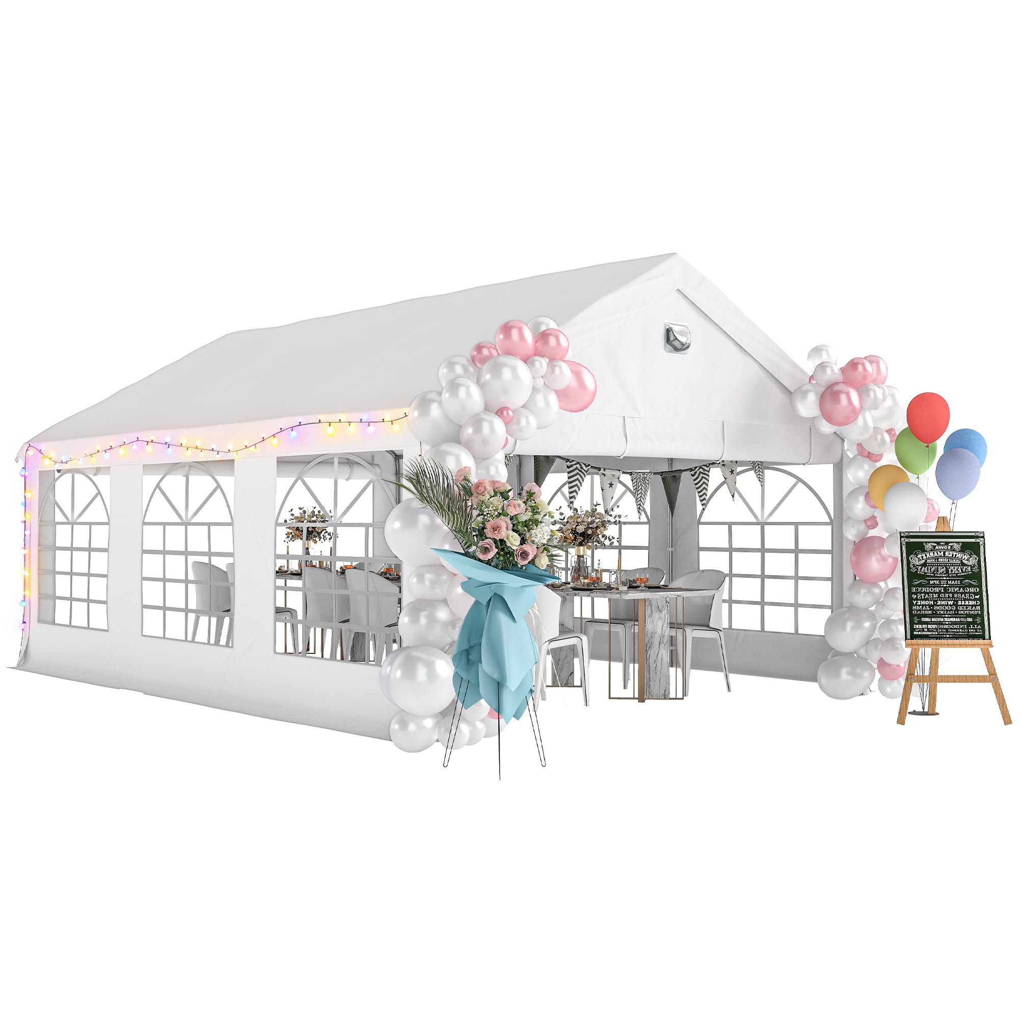 Outsunny Tendone per Feste 4x6 m con Luci LED, Gazebo da Giardino in Acciaio Zincato con Porte a Cerniera, Finestre, Pareti Laterali Rimovibili, Gazebo da Esterno per Matrimoni Eventi Raduni, Bianco
