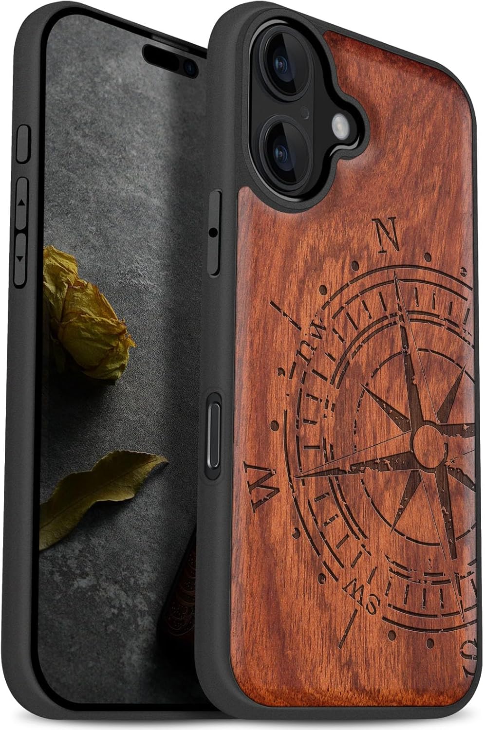 Carveit Magnetic Wooden Case for iPhone 17 Case, Wood Artisan Engraved & Black Soft TPU Shockproof Cover, Compatible with MagSafe Wireless Chargers (The Incomplete Compass) Rosy