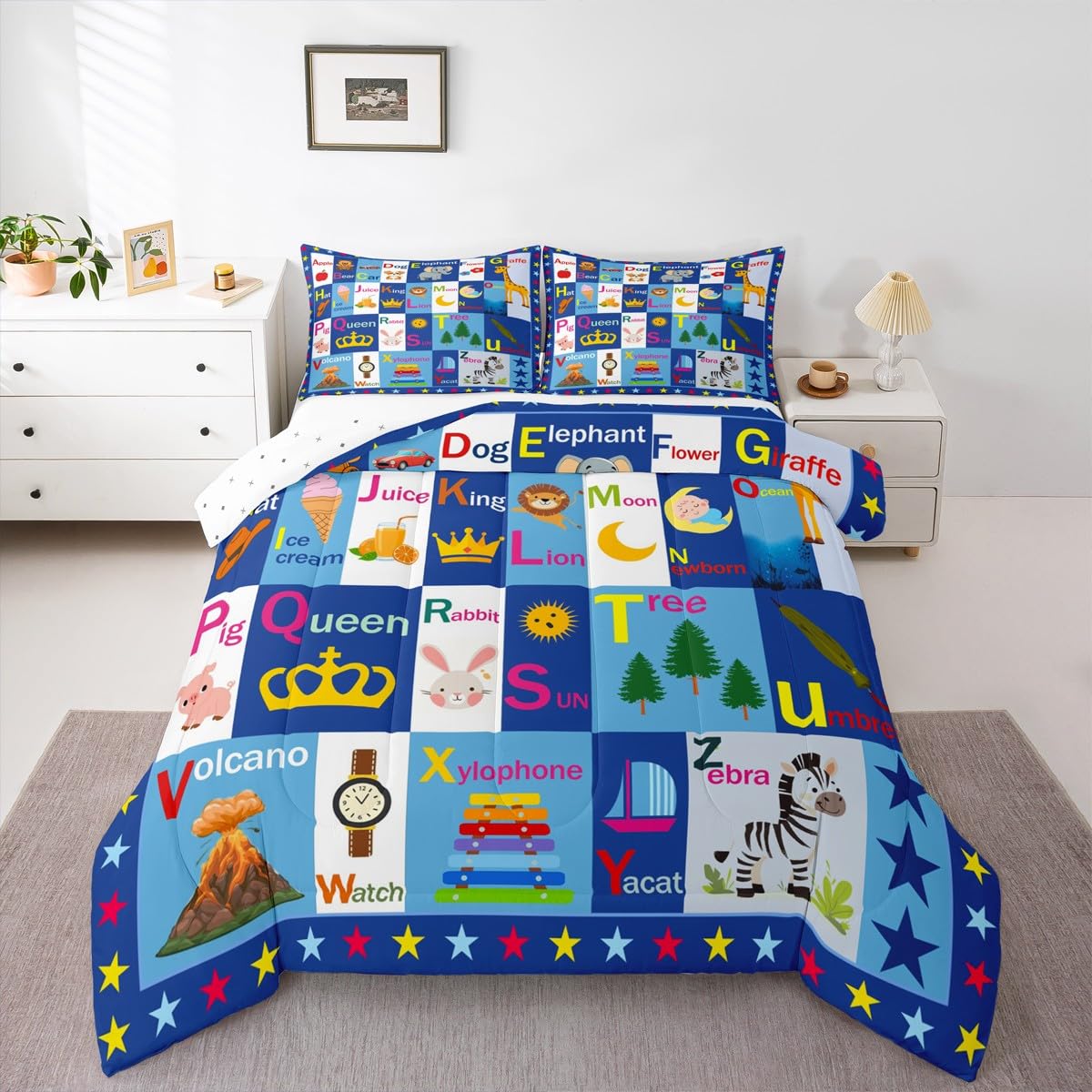 Feelyou Kids ABC Alphabet Comforter Set Twin Size, Educational Bedding Set Boys Girls Learning Duvet Insert Teens Bedroom Decor Microfiber Bed Set