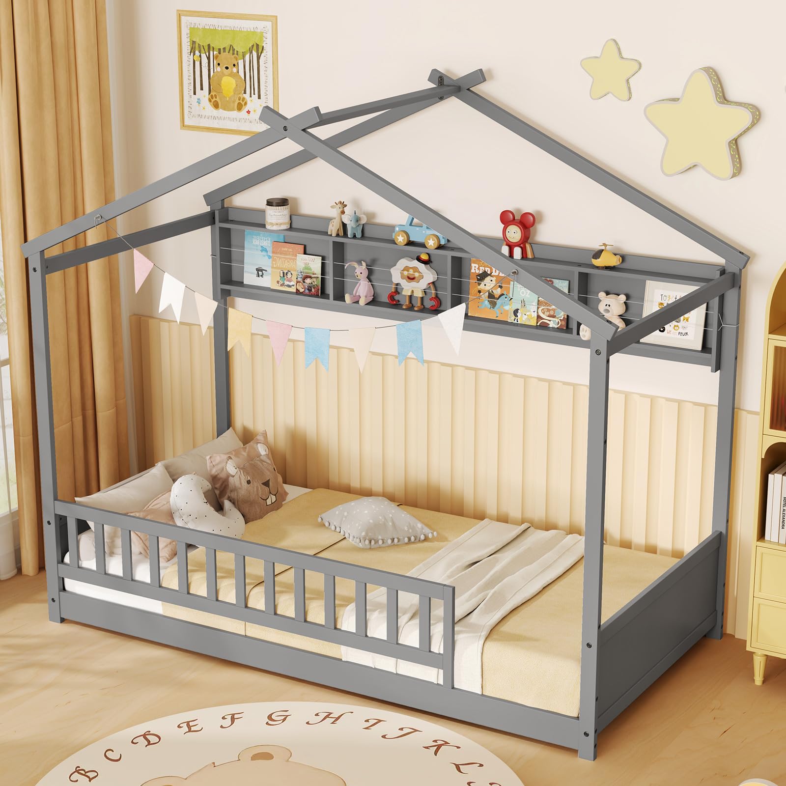 Amazon.com: Giantex Twin Floor House Bed with Storage Shelf, Wood Twin ...
