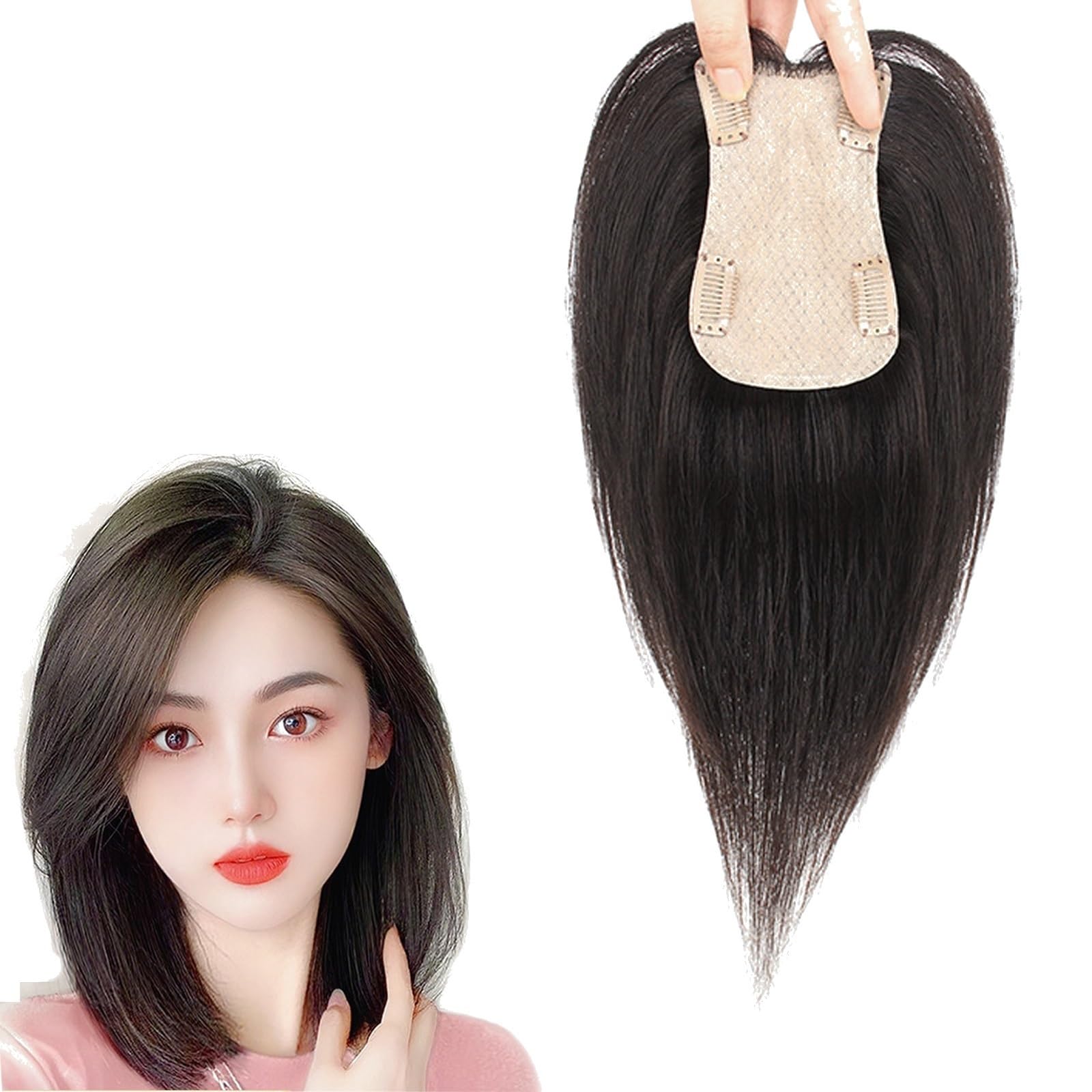 Clip-In-Top-Haarteile 100% Echthaar-Topper For Frauen Natürliches Schwarzes Haartoupet Haarverlängerung Auf Seidenbasis Bei Leichtem Haarausfall/Dünner Werdendem Haar/Grauem Haar (Size : 30cm)