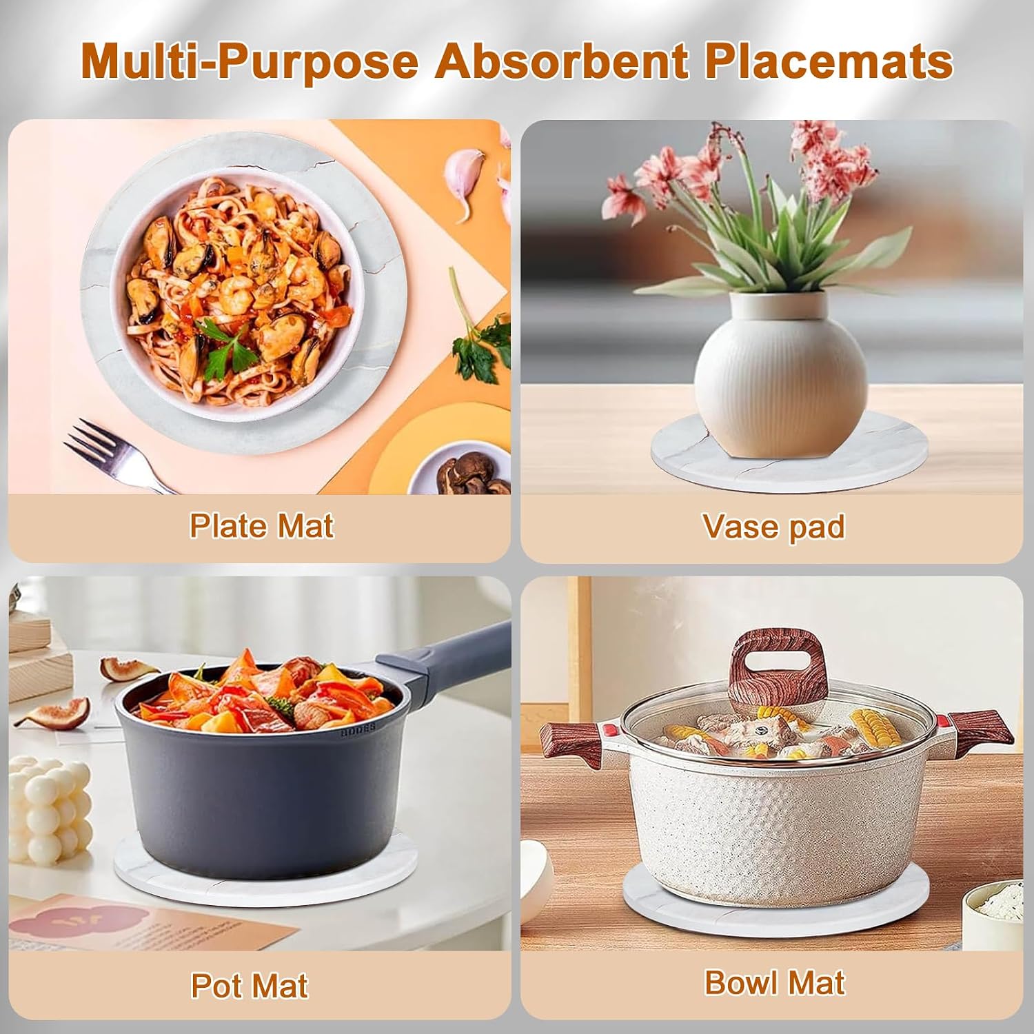 3-PCS 7 Inch Ceramic Marble Style Trivets for Hot Dishes, Absorbent Heat Resistant Hot Pads with Cork Bottom Anti-Slip, Ceramic Trivet Mats with Holder for Kitchen Countertop Table