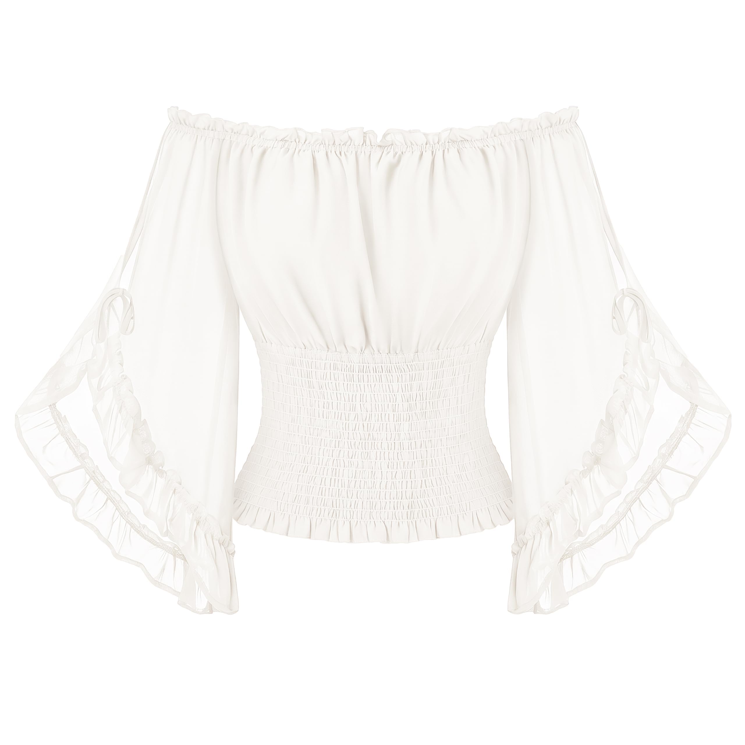 Scarlet Darkness Women's Renaissance Tops, Off-Shoulder Bell Sleeve Smocked Waist Shirts, Ivory White, S
