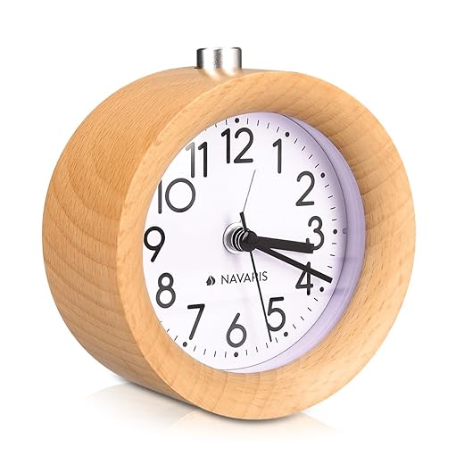Navaris Wood Analog Alarm Clock Round Battery Operated Non Ticking Clock with Snooze Button and
