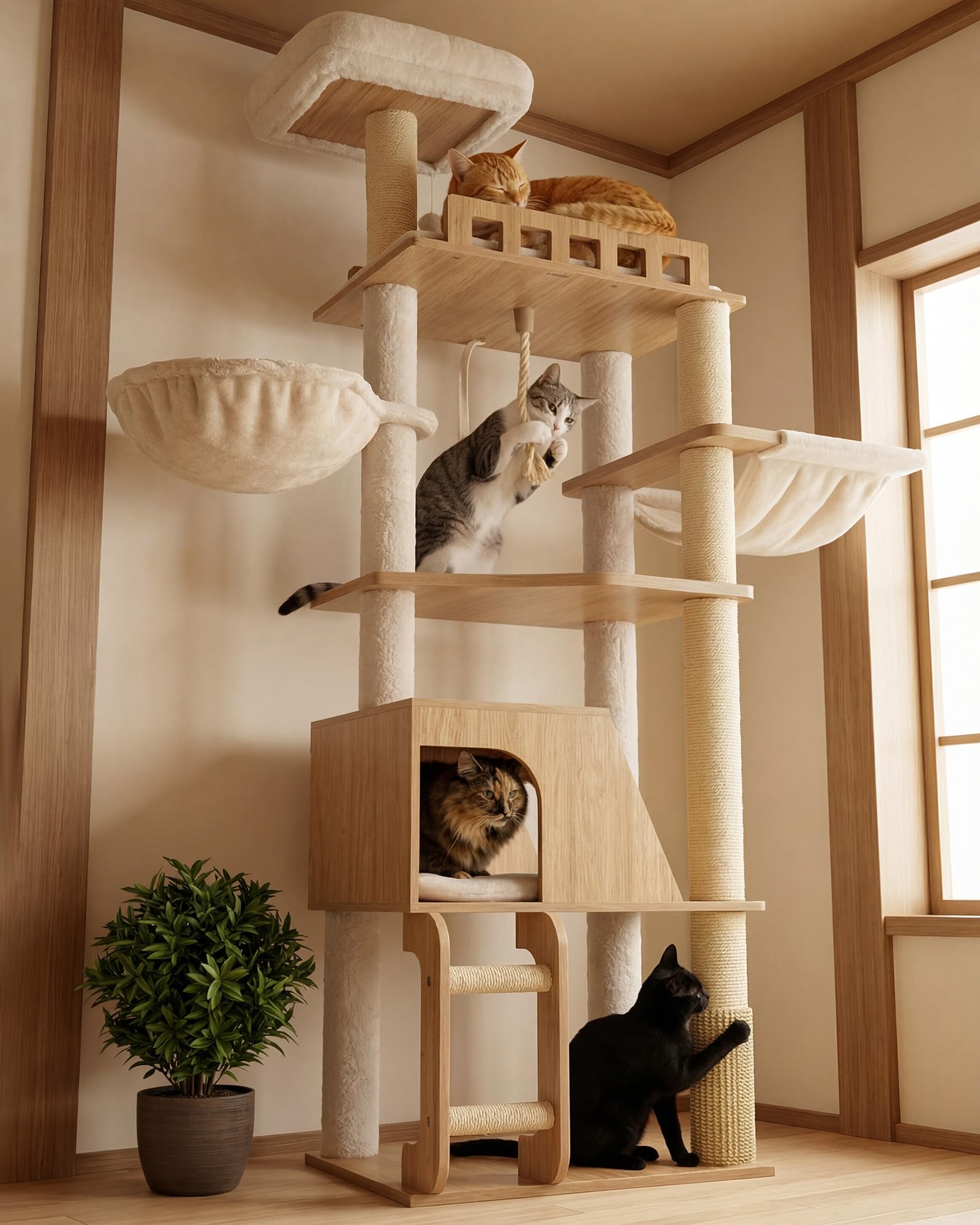 Amazon | Heyblyキャットタワー 木製 据え置き型 猫タワー 冬夏兼用 2