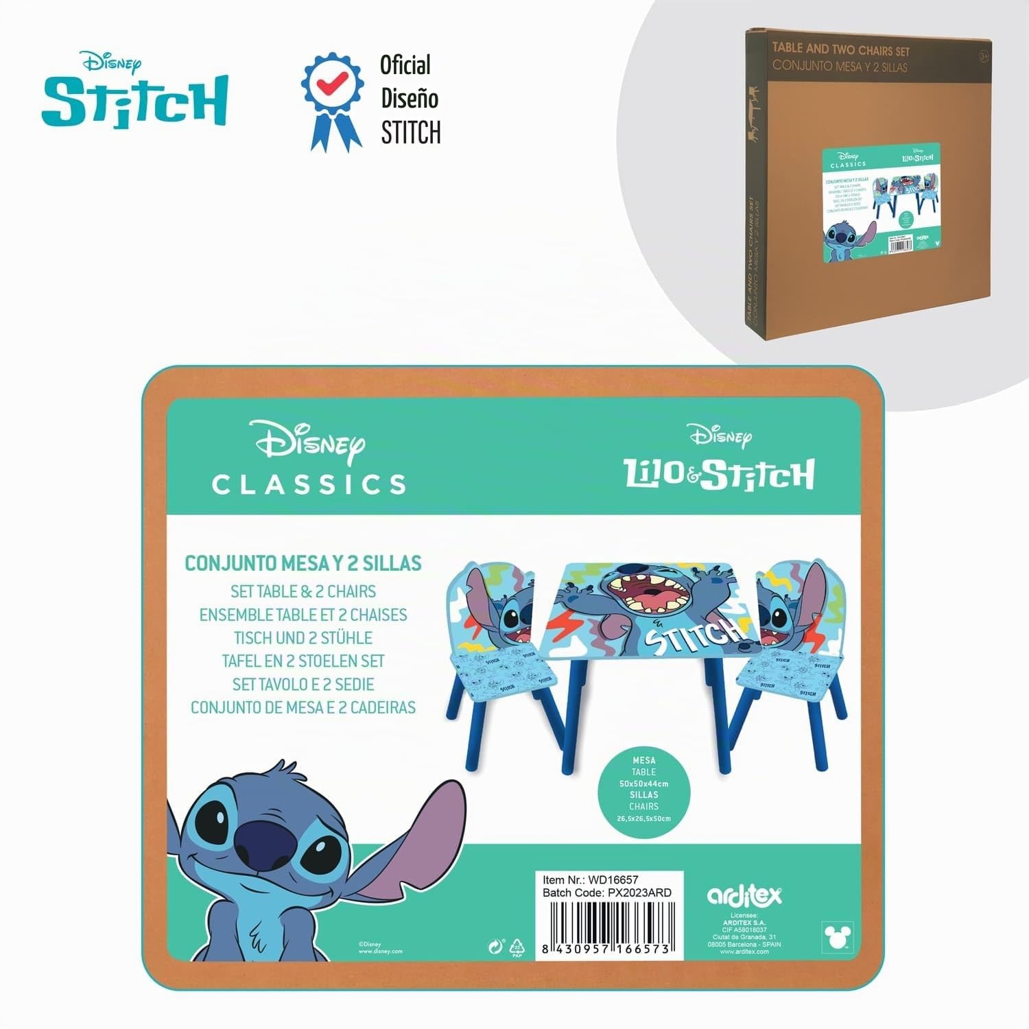 ARDITEX - Set de Mesa y 2 Sillas Infantiles de Madera - 50x50x44 cm y 26,5x26,5x50 cm - Ideal para Jugar, Pintar y Hacer Manualidades - Licencia Oficial Stitch