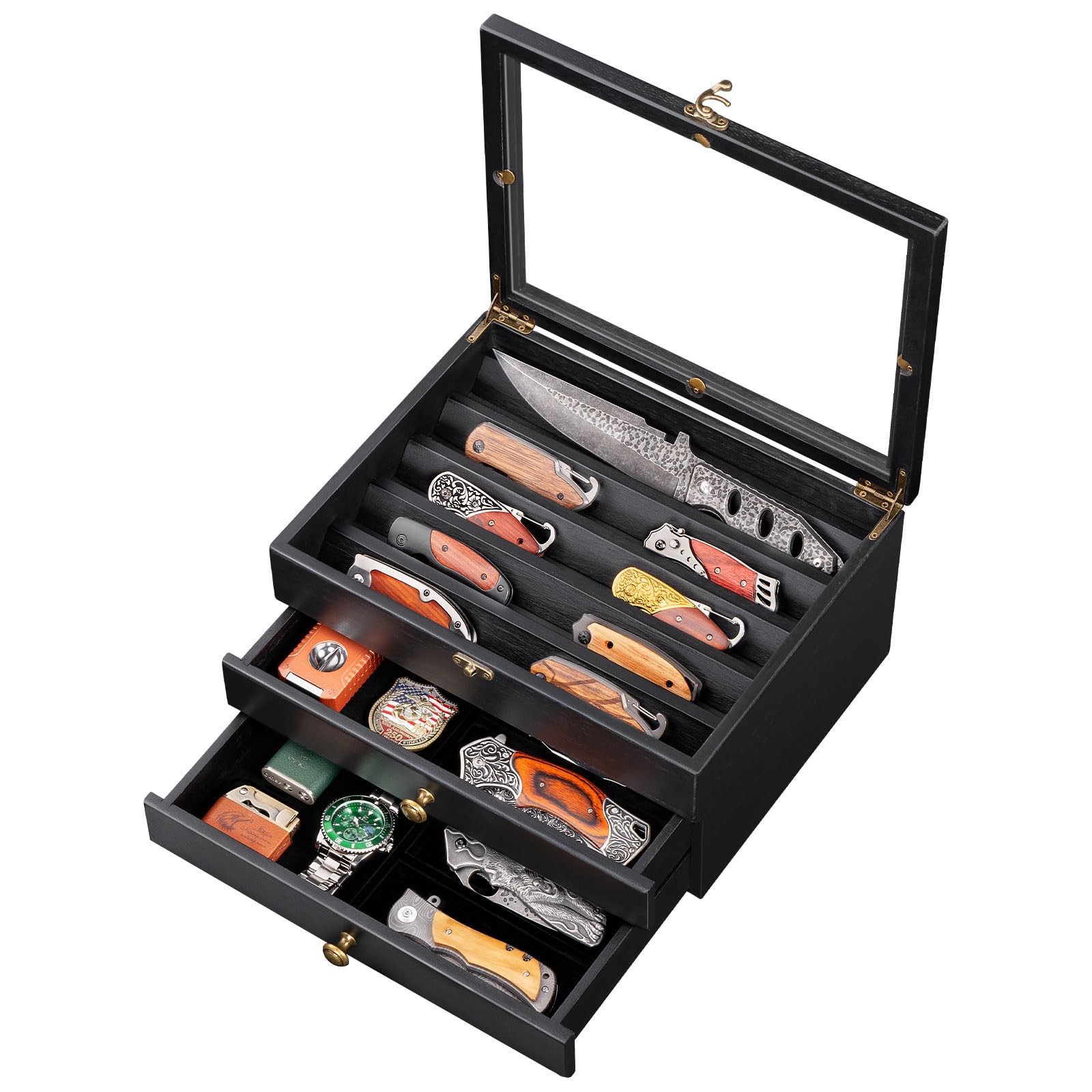 3 Étages Présentoir à Couteaux, Grande Vitrine à Couteaux pour Plusieurs Pliants, Coffret Poignard en Bois avec Tiroir et Vitre Haute Définition, pour Collections, Cadeau （Noir）