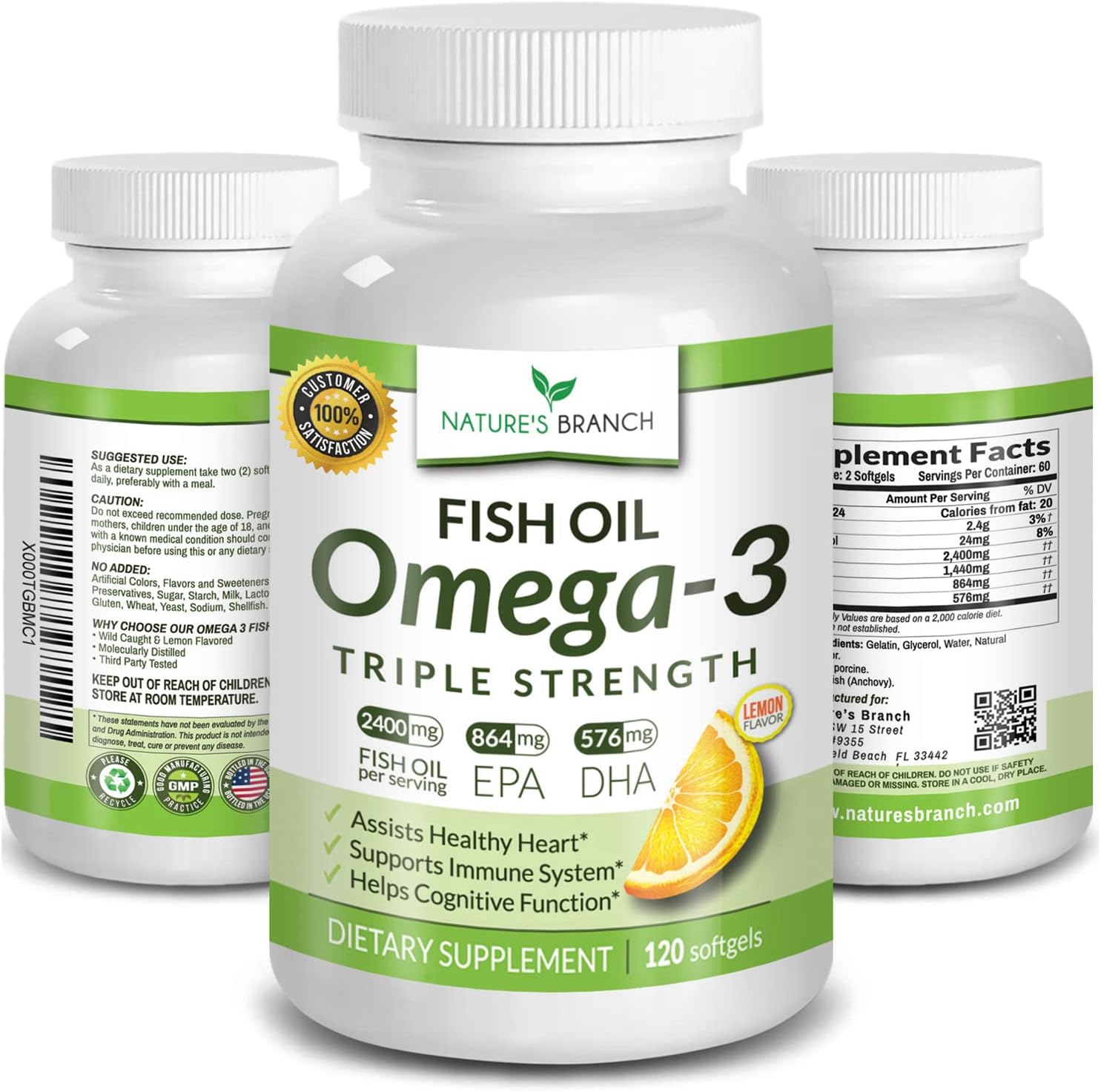 Best Triple Strength Omega 3 Fish Oil Pills 2400mg Burpless High Potency Lemon Flavor - 864mg EPA 576mg DHA Ultra Pure Liquid Softgels 120 Capsules for Brain Joints Eyes Hair Heart Health Supplement : Health & Household