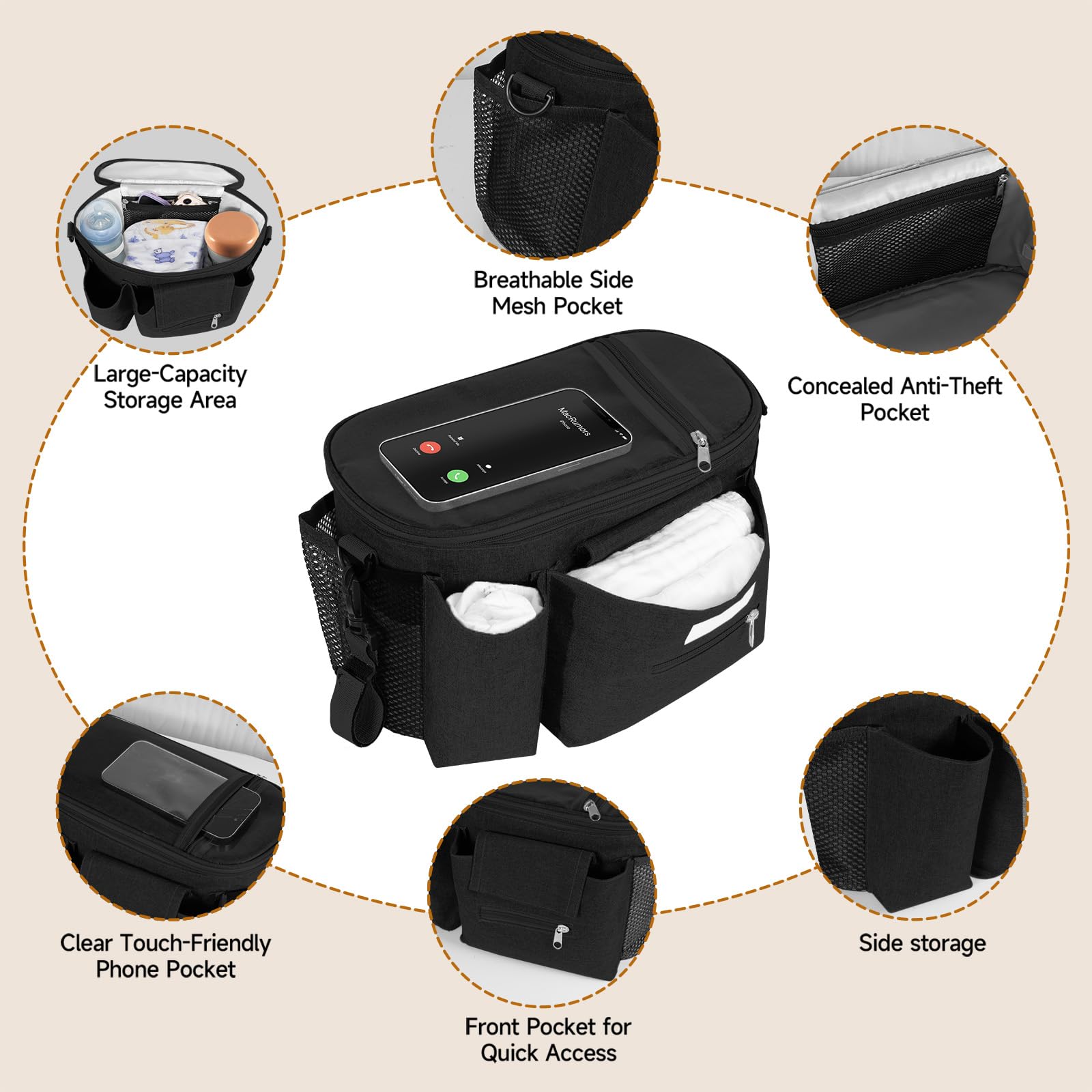 HOTUT Pram Bag,Upgraded Pram Organiser with Touch Screen Phone Pocket,Stroller Organizer with 2 Mesh Bag and Adjustable Shoulder Strap,Baby Pushchair Organiser for Diapers,Wipes,Bottles,Keys(Black) - Image 3