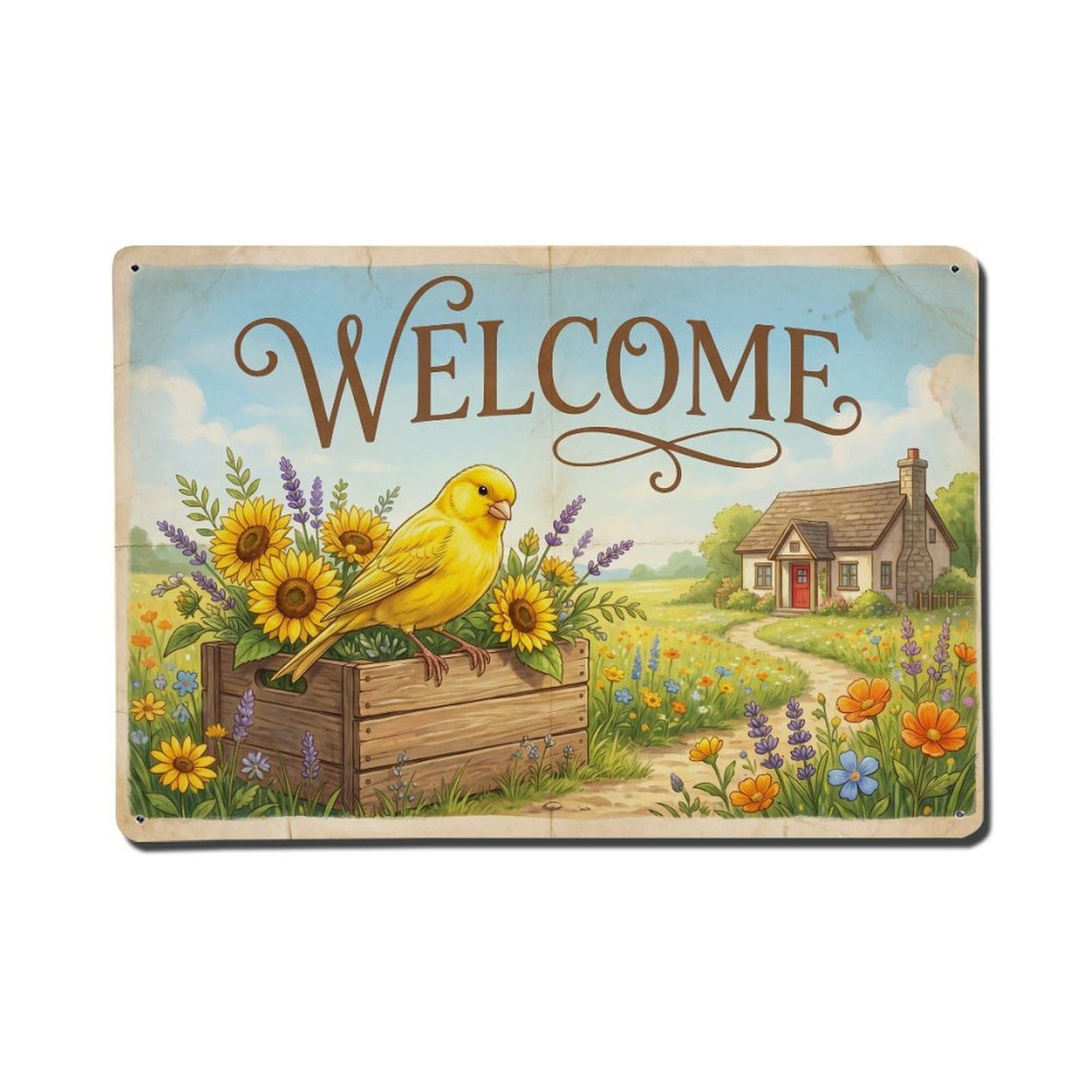 Vintage Welcome Canary Joyful Vibes Metal Tin Sign