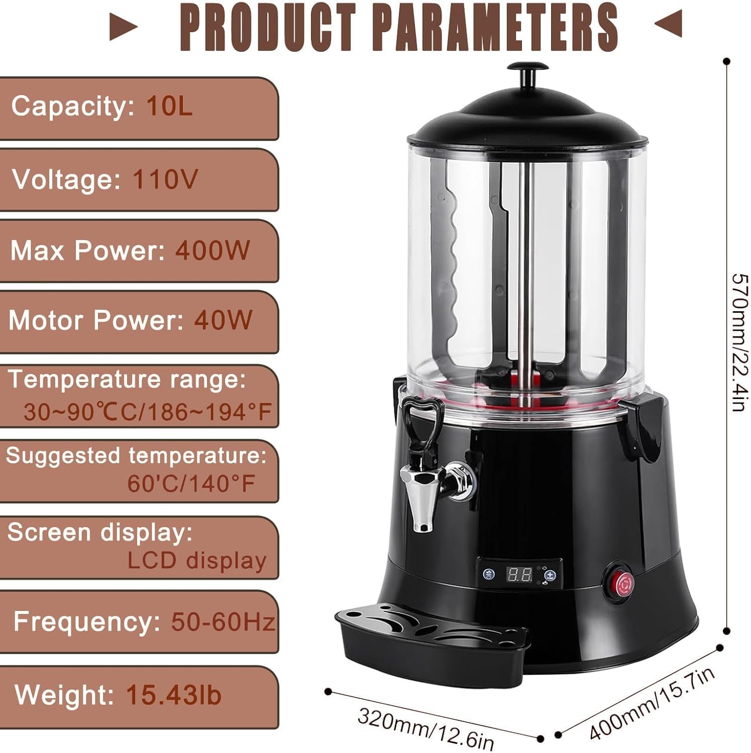Machine à chocolat chaud efficace de 10 litres pour un usage commercial, facile à utiliser et à nettoyer, pour hôtels, restaurants et cafés (10 l)