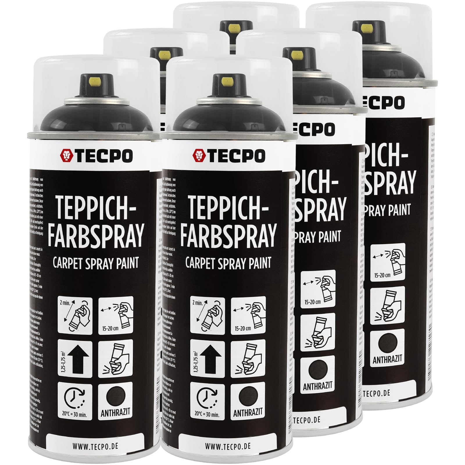 TECPO Spray de pintura para alfombras, 6 x 400 ml, color antracita, para alfombras, felpudos, tela de goma, plástico, tratamiento interior