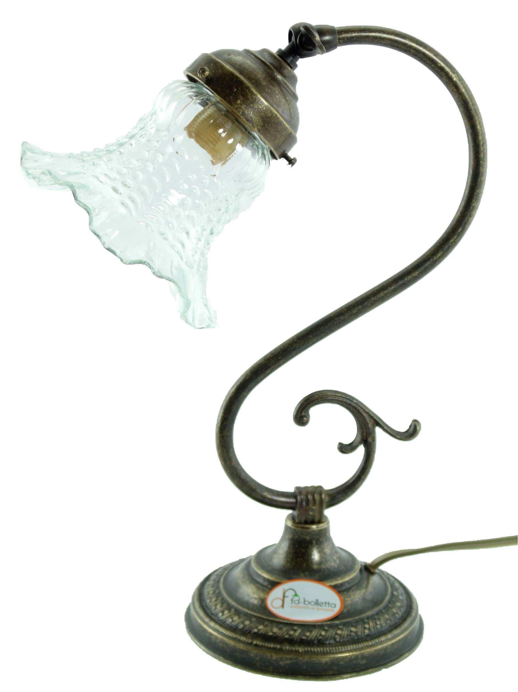 Lampada ottone da comodino,tavolo,scrivania,illuminazione per interni con paralume vetro trasparente s20 Misure:H 32cm,Ø vetro 14cm,Ø base 13cm