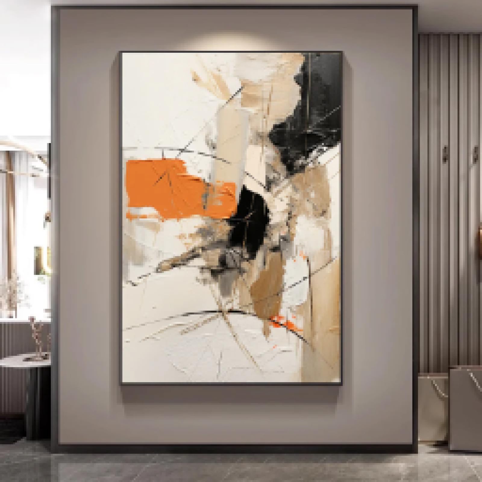 ZHAOLIN Modern Abstract Oil Painting on Canvas - Geometric Art with Orange, Black, and Beige Tones - Large Wall Art for Living Room 60x90cm(24x35in) Frameless
