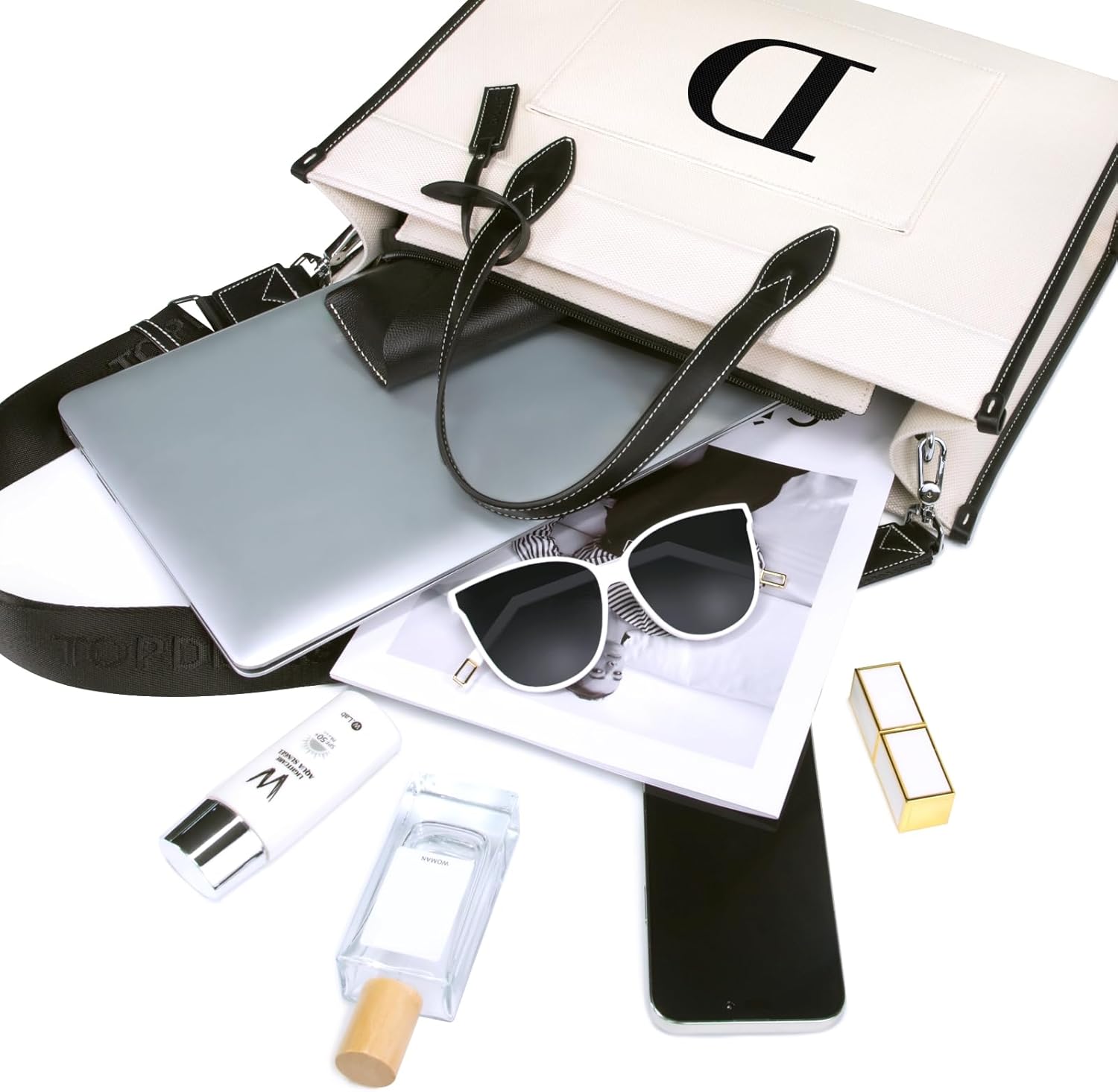 TOPDesign Initial 15.6" Laptop Tote Bag for Women, Personalized Canvas Work Purse, Business Briefcase & Office Handbag