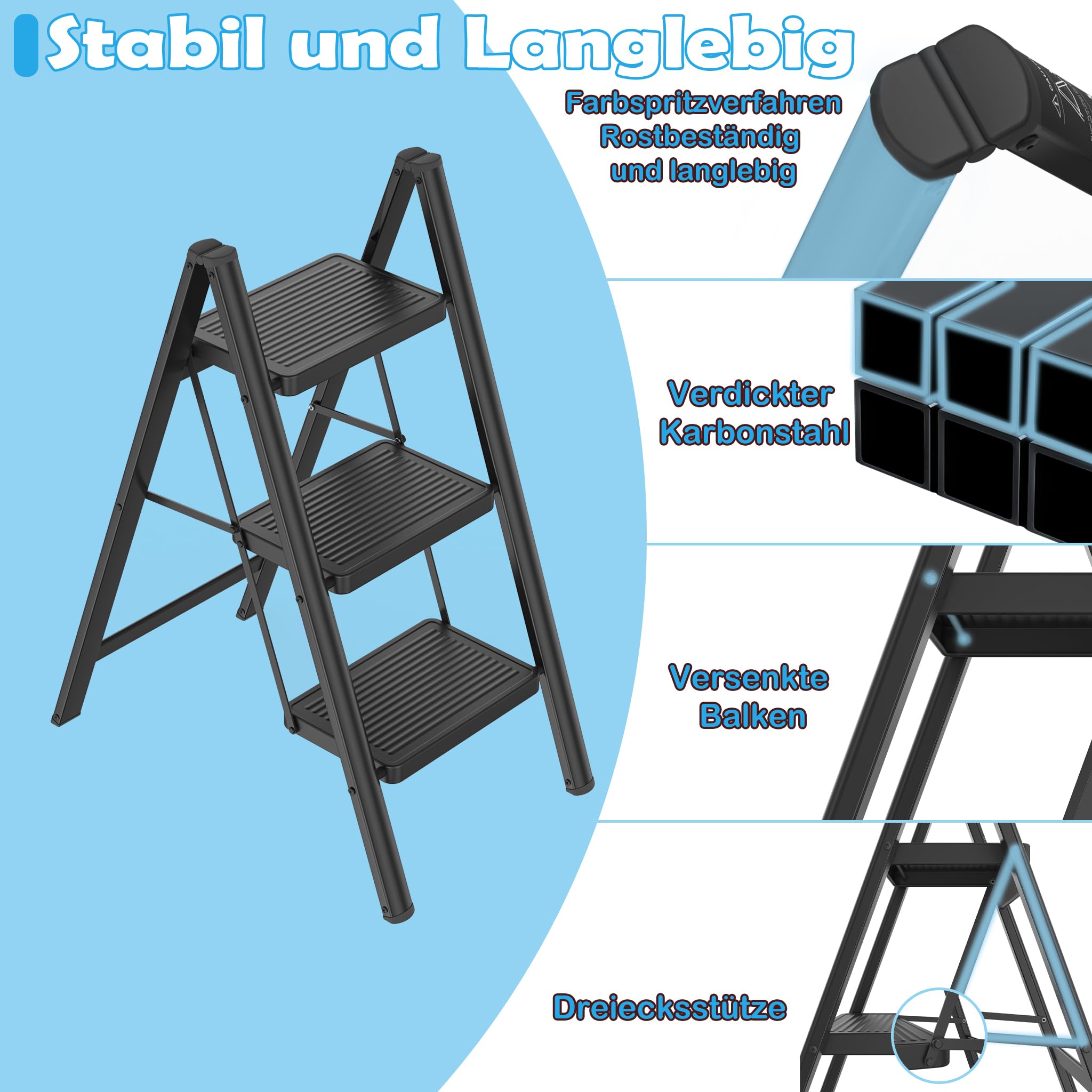 HENGMEI aluminium trap, 3 treden, inklapbare ladder, trapje, antislip-stapladder, huishoudelijke ladder met antislip pedaal, multifunctionele trapladder, 150 kg draagvermogen