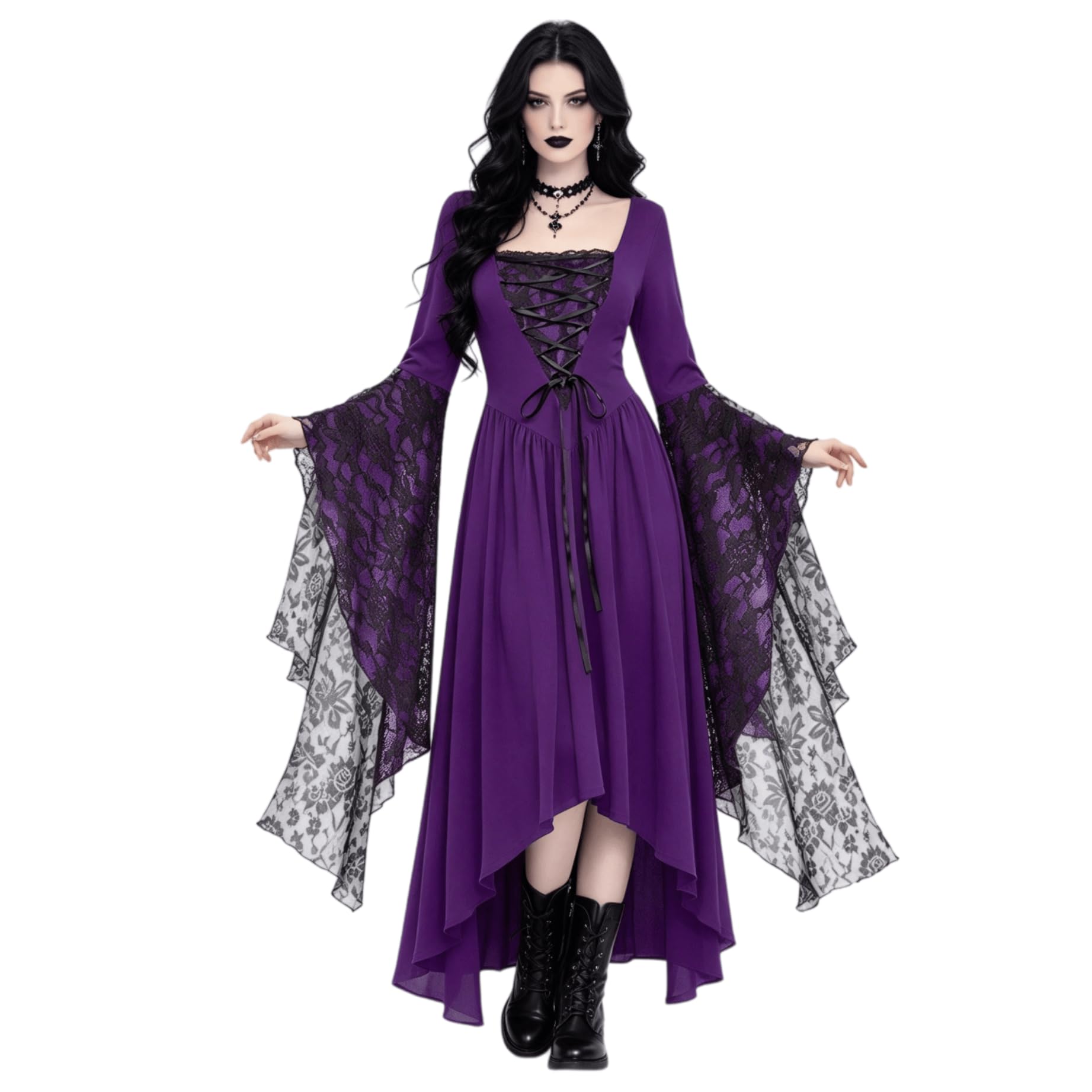 Halloween Costumes for Women Women's Butterfly Sleeve Sexy Lace Gothic Dresses Chiffon Off Shoulder Halloween Sleeve Witch Gothic Vintage Victorian Maxi Dresses Party Cosplay Outfits A-Purple