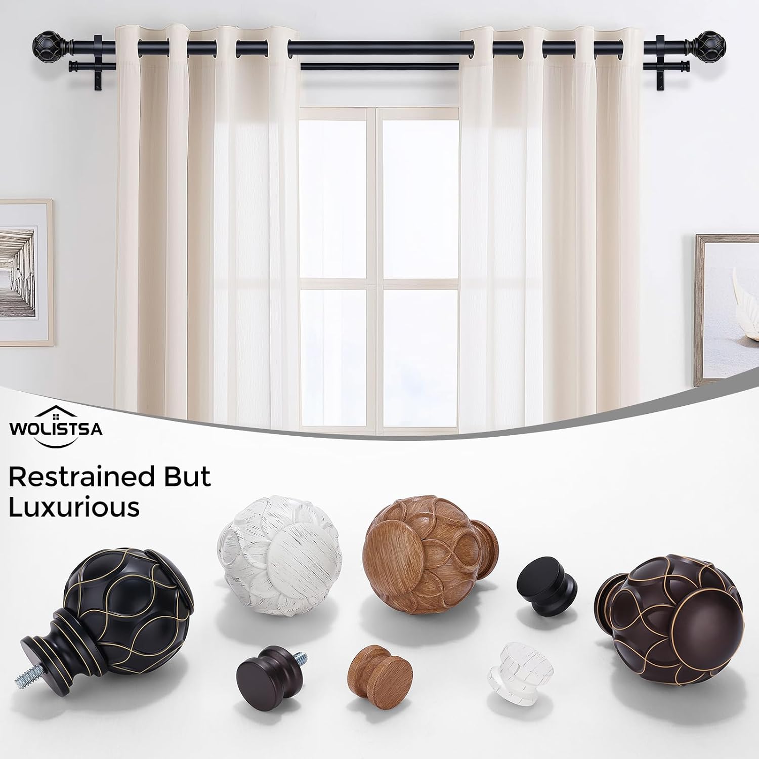 Black Double Curtain Rod, 36 to 72 Inch Dual Curtain Rods with Boho Netted Texture Finials, Decorative 1 Inch Adjustable Window Treatment Rods, Antique Vintage Farmhouse Double Drapery Pole