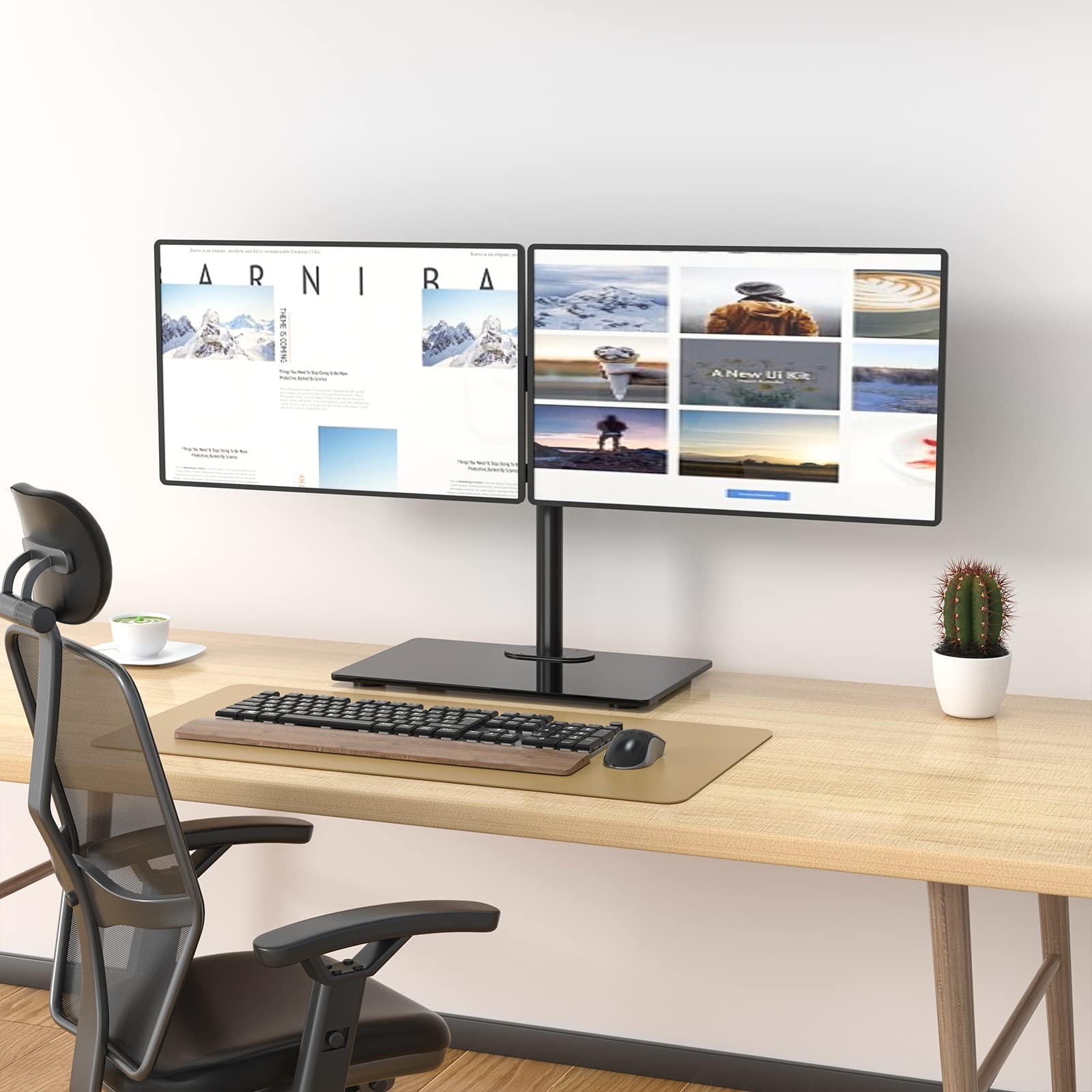 WALI Soporte de monitor dual de pie, altura ajustable con base de vidrio, se adapta a pantallas LCD LED planas curvadas de hasta 27 pulgadas, 22 libras, con base de ojal (GMF002)