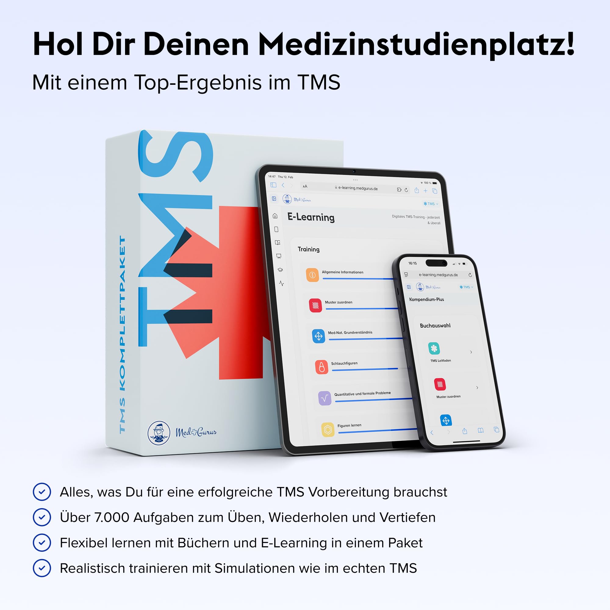 MedGurus - TMS Komplettpaket - Umfassende Vorbereitung auf den Medizinertest mit 7.000+ Übungsaufgaben, E-Learning & Kompendium inkl. TMS Simulation - Erfolgreich ins Medizinstudium