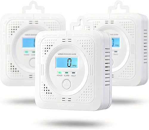 Paquete de 3 detectores de monóxido de carbono, pantalla LCD, concentración en tiempo real, falla de batería, LED, 60 segundos, historial de