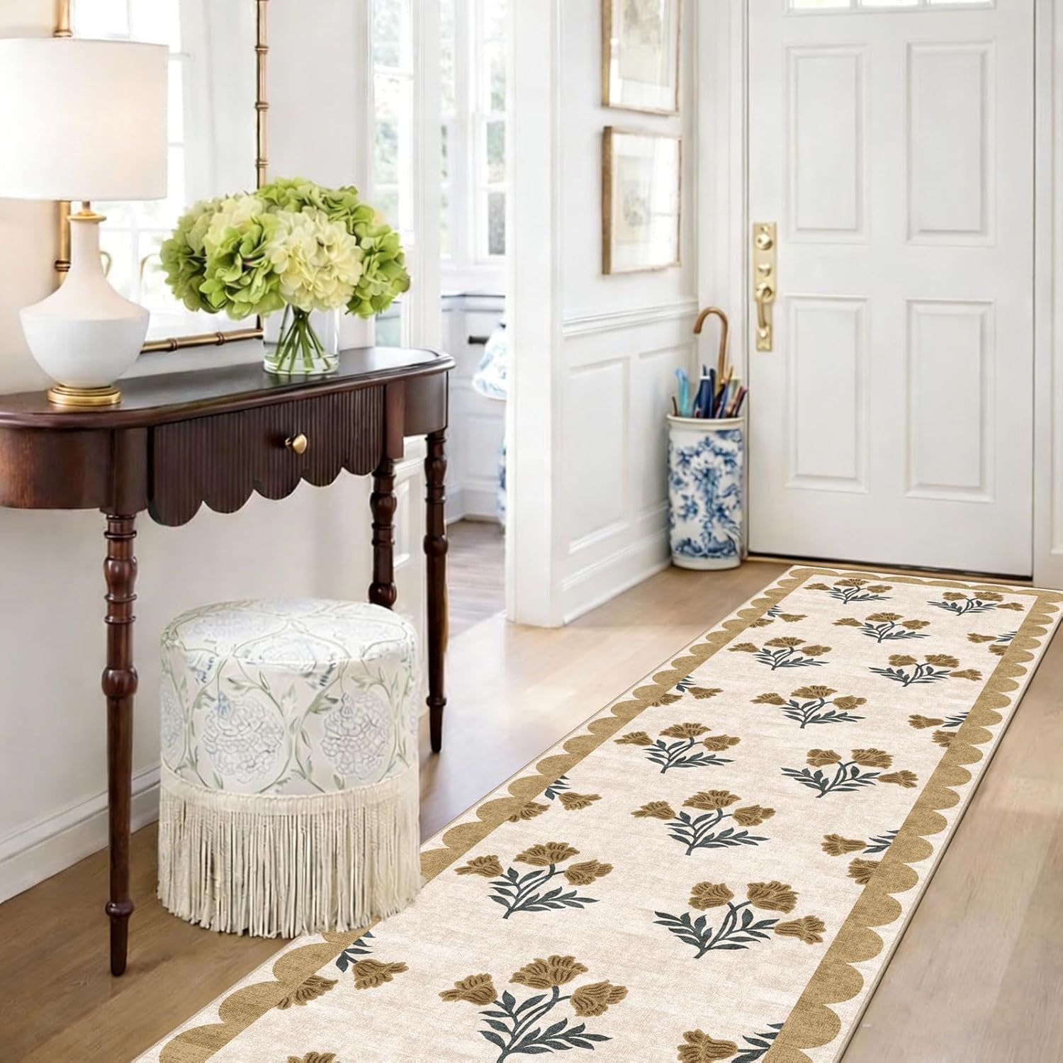Non Slip Washable Kitchen Runner Rug - 2x8 Long Beige Hallway Runner Rugs Soft Boho Runners for Hallways Vintage Floral Scalloped Runner Rug for Bedroom Entryway Laundry Room Bathroom Foyer