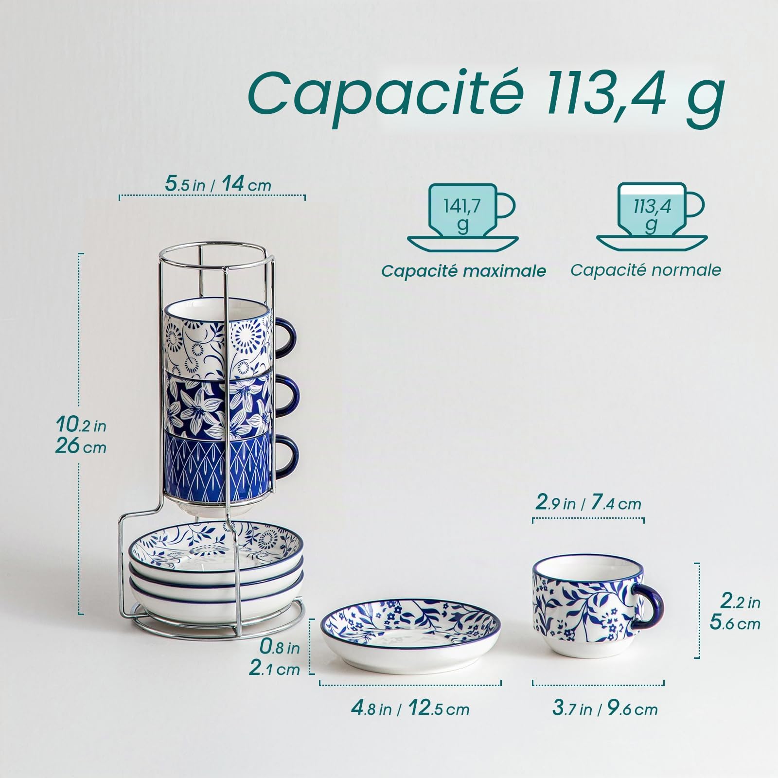 vancasso SELENE Tasses à Café Espresso avec Soucoupe - 4 x 150 ml - Mug en Porcelaine et Support pour Thé, Café, Cappuccino - Résistants au Lave-vaisselle et au Micro-ondes - Bleu et Blanc Vintage