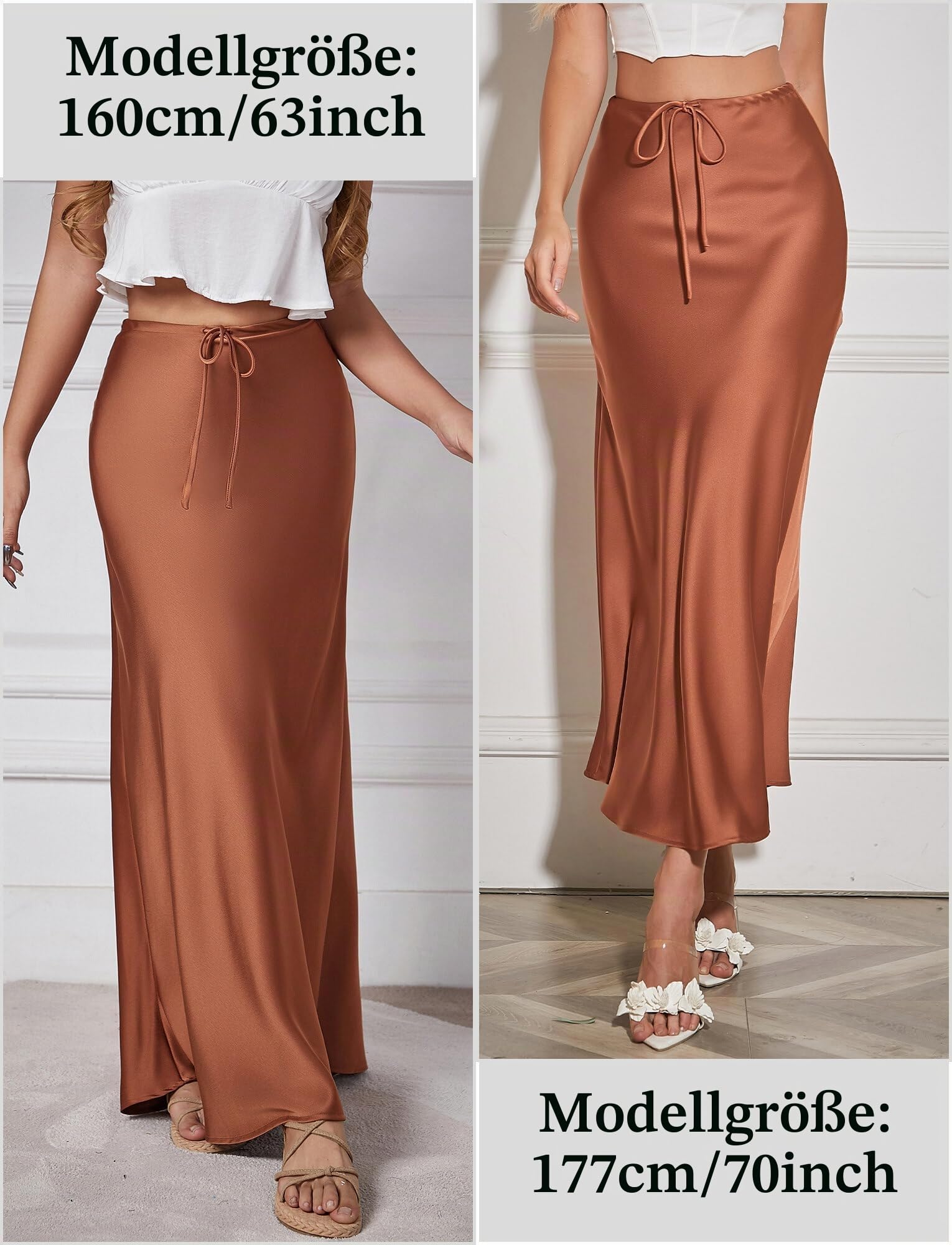 FEOYA Damen Satin Rock Lang Elegant Sommer A Line Maxirock Hohe Taille Büro Casual Midirock mit Kordelzug