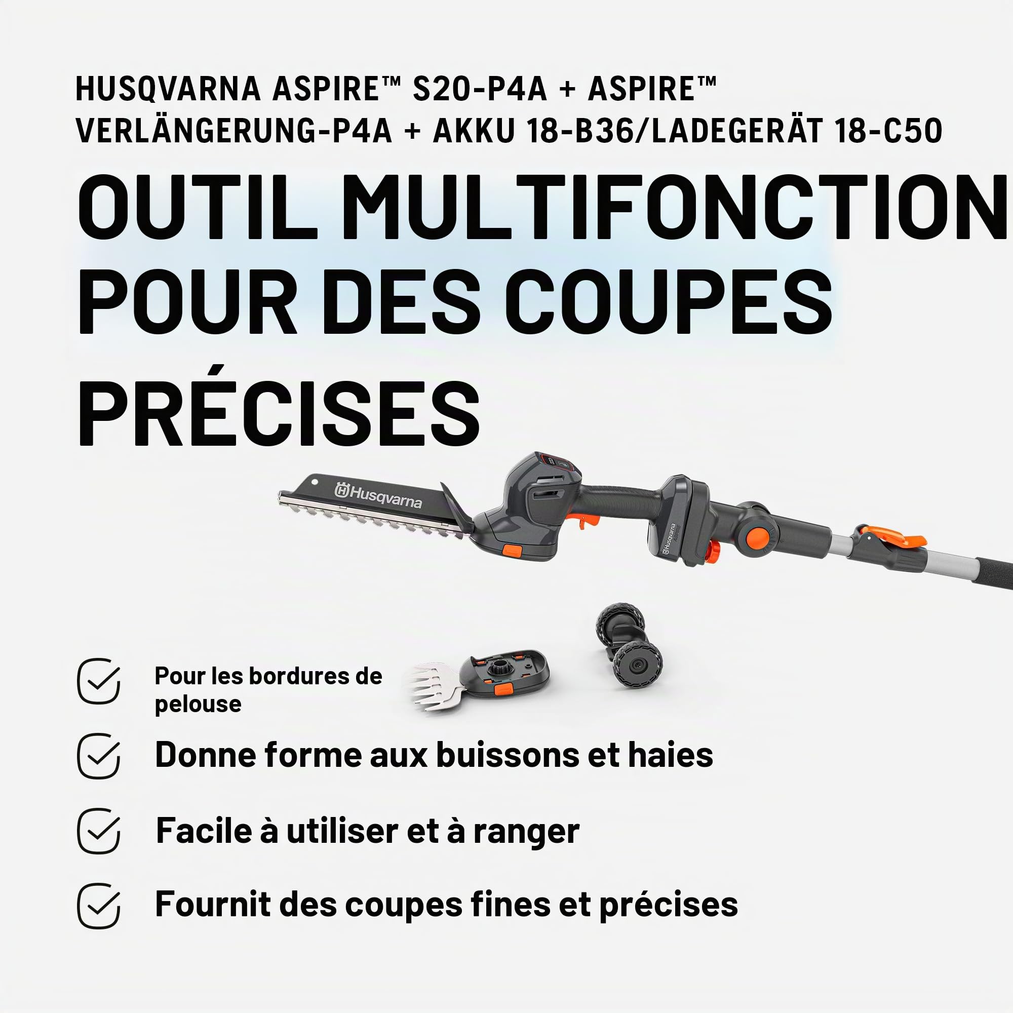 Husqvarna Aspire S20-P4A Cisaille à gazon et à arbustes sans fil avec rallonge, lame de cisaille à arbuste et à gazon, 18 V (avec rallonge, batterie et chargeur)