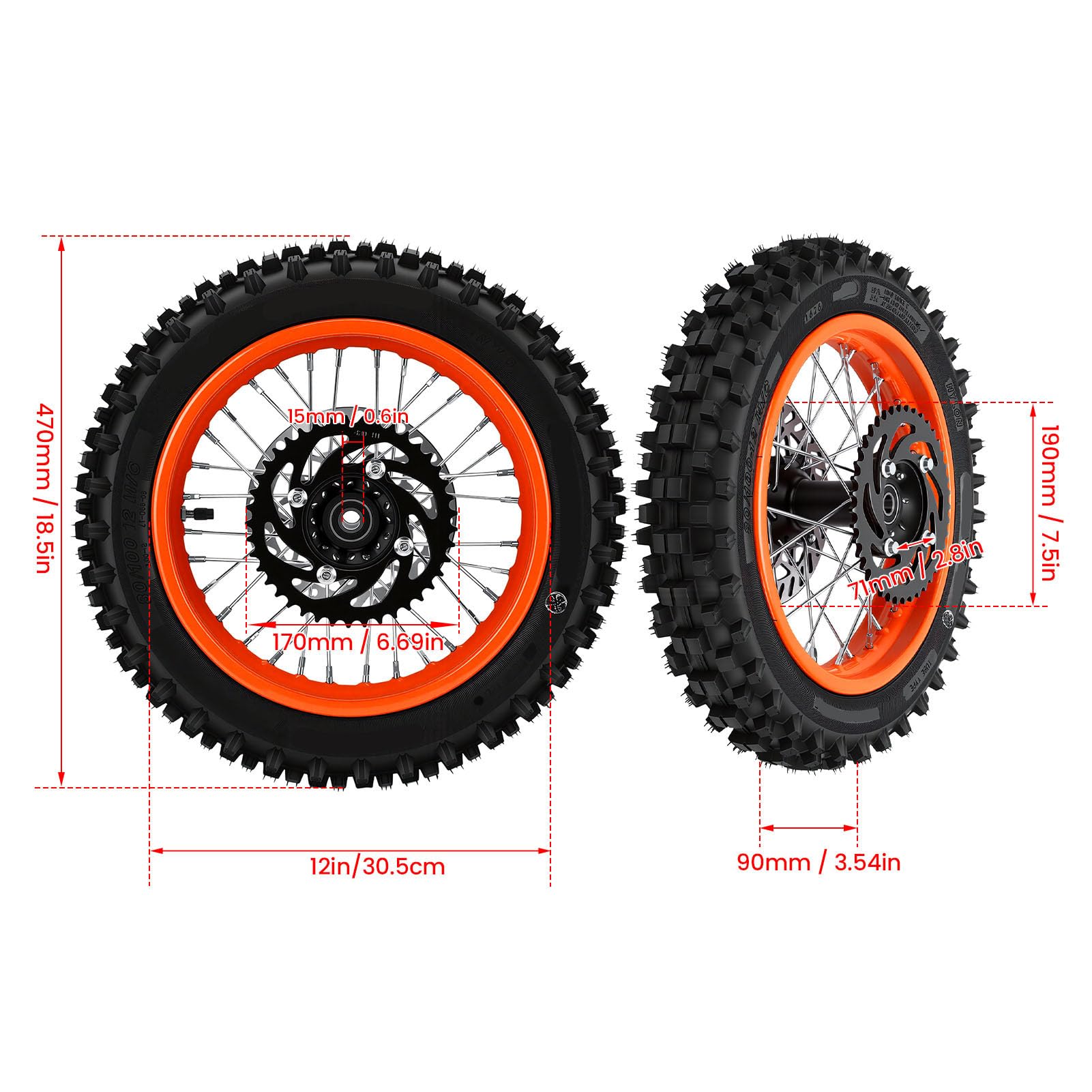 Akozon 12-calowy zespół Tylnego Koła Roweru Terenowego 80/100-12 3,00-