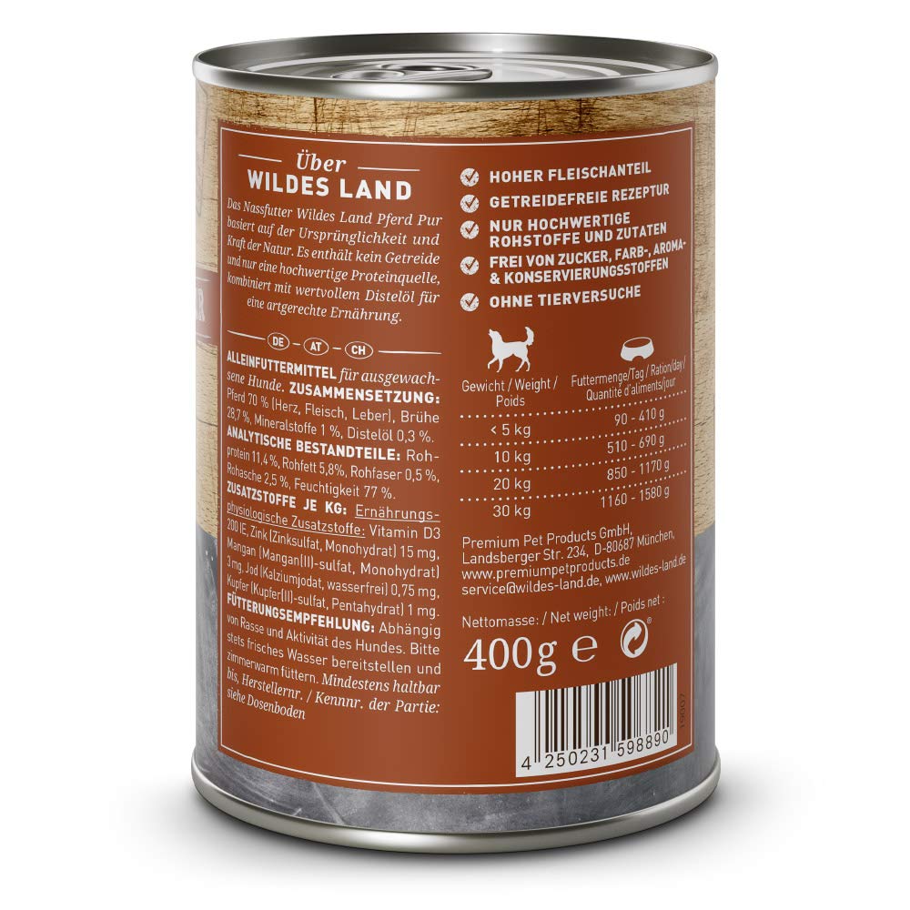 Wildes Land - Nassfutter für Hunde - Pferd PUR - 12 x 400 g - mit Distelöl - Getreidefrei & Hypoallergen - Extra hoher Fleischanteil von 70% - Beste Akzeptanz und Verträglichkeit