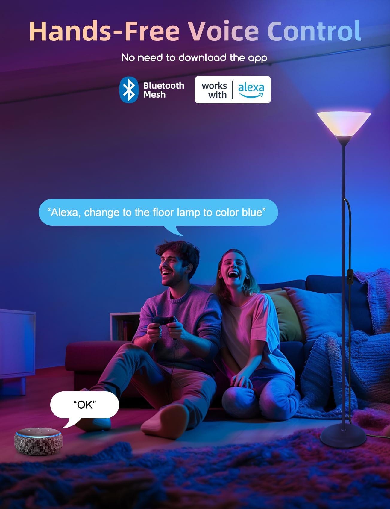 Aigostar Lámpara de Pie Moderna, con Mando a Distancia y Bluetooth Mesh G45 E27 Bombilla LED RGB & 2700K-6500K, Lámpara de Pie Regulable, Compatible con Alexa, 175 cm