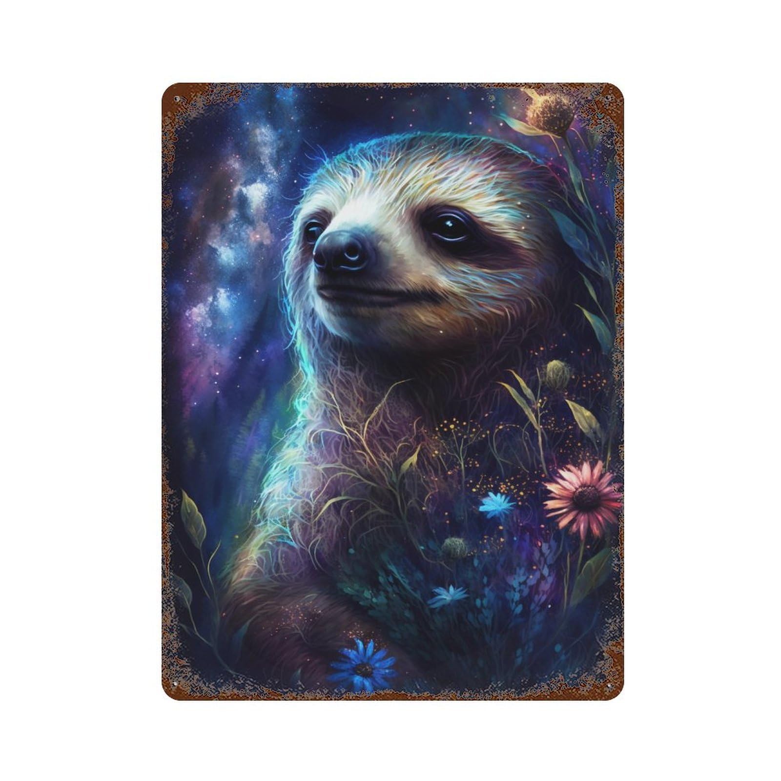 Galactic Sloth with Flowers Weathered Tin Sign 15.7"x11.8", for Patio, Garden Room And Bar Decor, Farmhouse Wall Decor