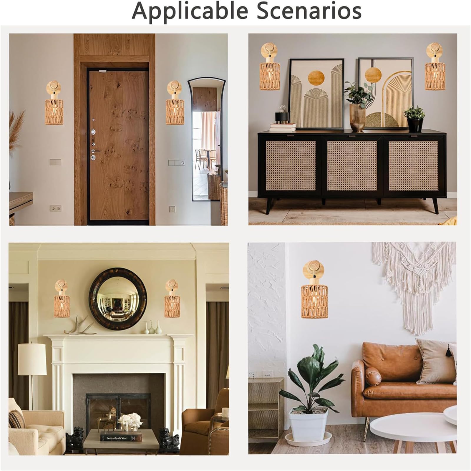 Aplique Rattan Boho, Lámpara de Pared Colgante Mimbre, Lámpara Laternas Madera Rústica, Set de 2 para Dormitorio, Sala Estar, Pasillo, Entrada, Decoración Granja,B